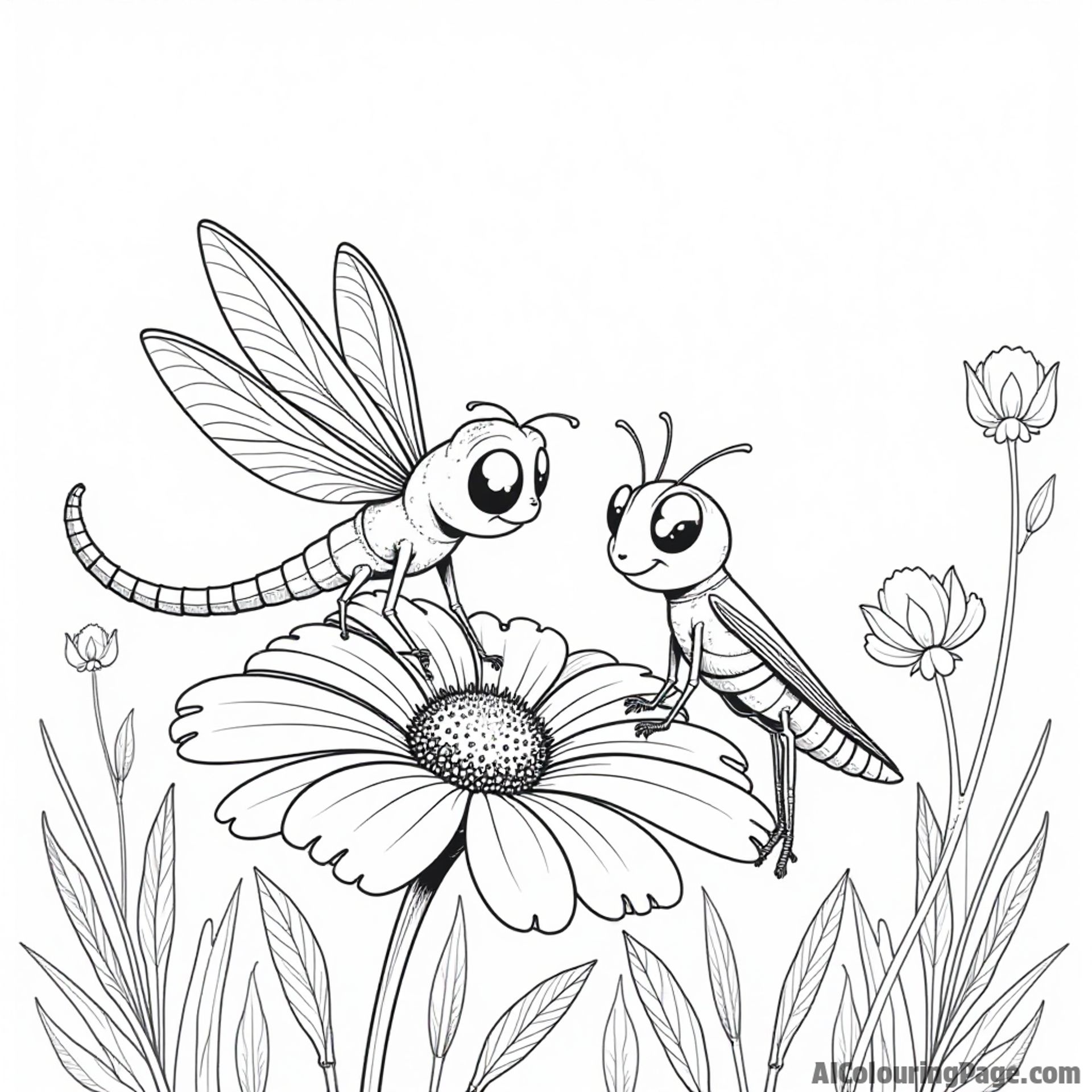 A dragonfly and a grasshopper sharing a laugh while sitting on a flower in a sunny, lively garden.