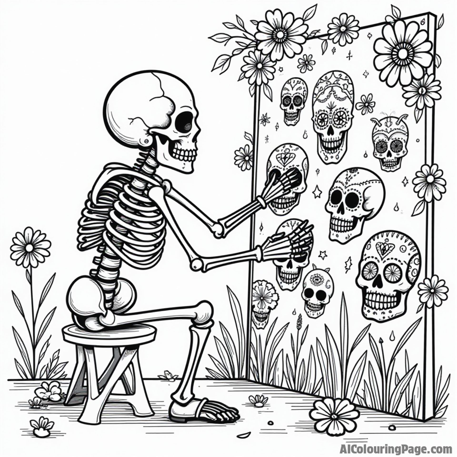 A whimsical scene of a skeleton painting a mural of sugar skulls and flowers, showcasing the creativity of Day of the Dead celebrations for children to color and explore.