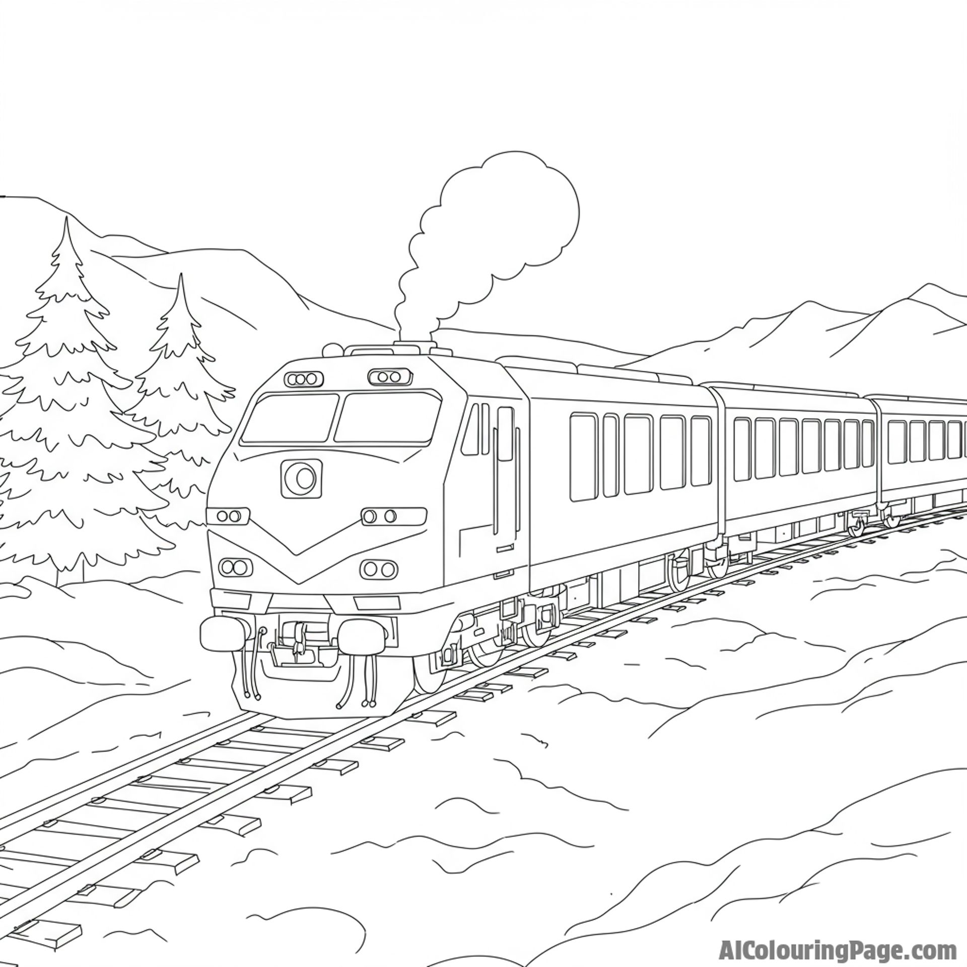 Train speeding through a snowy landscape, travel and adventure.