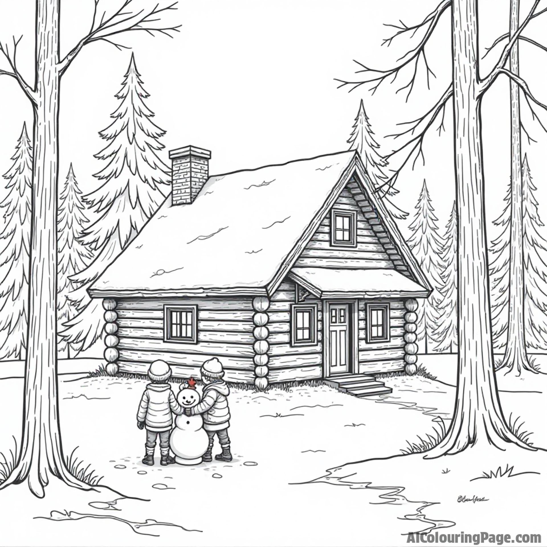 A cozy log cabin in a snowy Missouri forest, with pine trees and children building a snowman nearby.