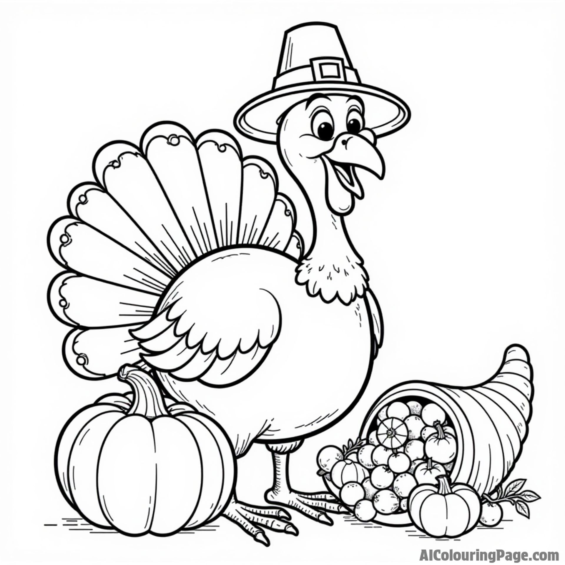 A cheerful turkey wearing a pilgrim hat standing next to a pumpkin and a cornucopia filled with fruits and vegetables