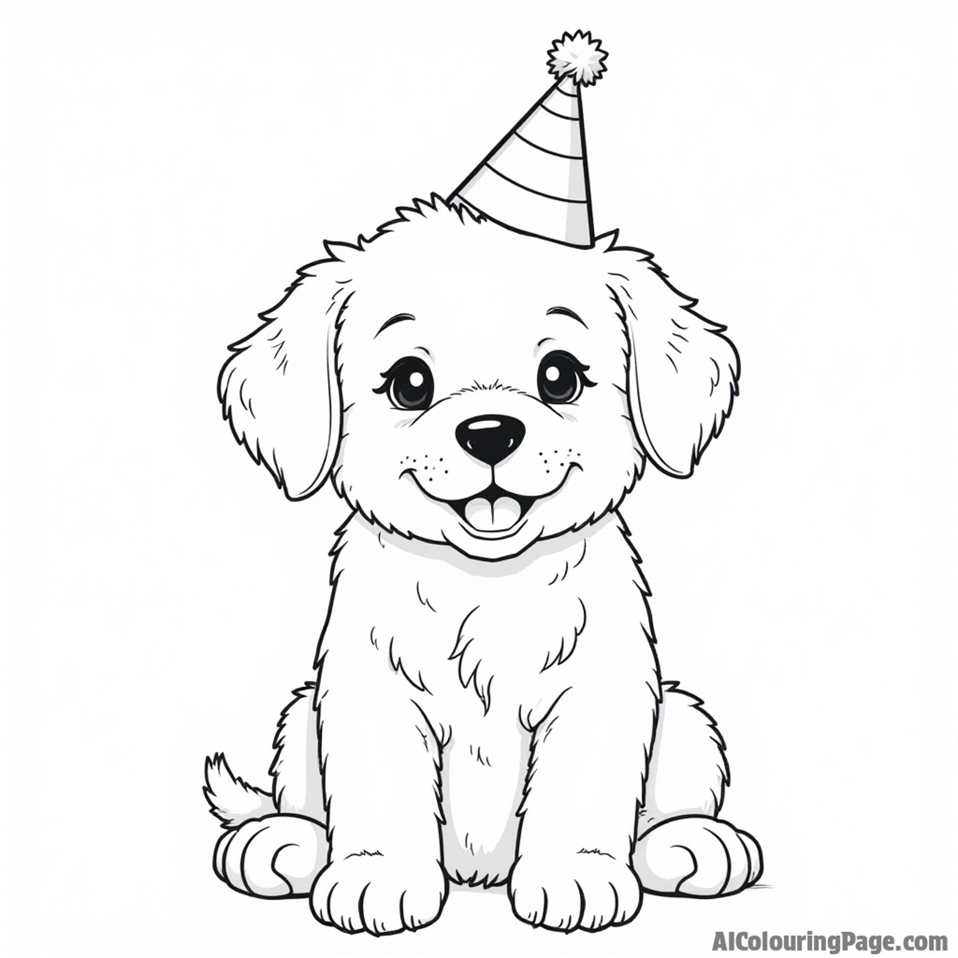 Puppy coloring page, wearing a tiny hat, party theme, festive mood.