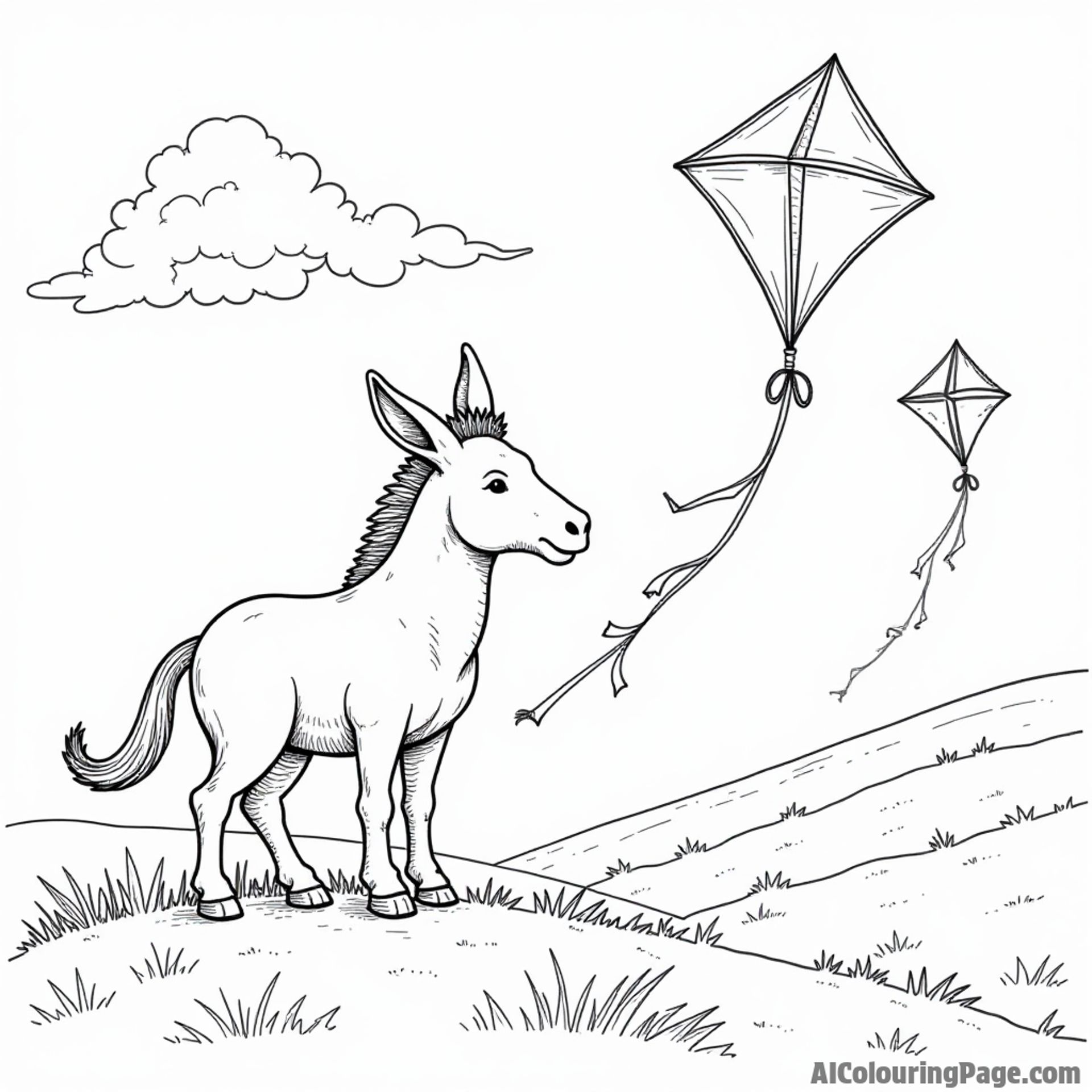 A donkey flying a kite on a hilltop, with a gentle breeze blowing and colorful kites in the sky