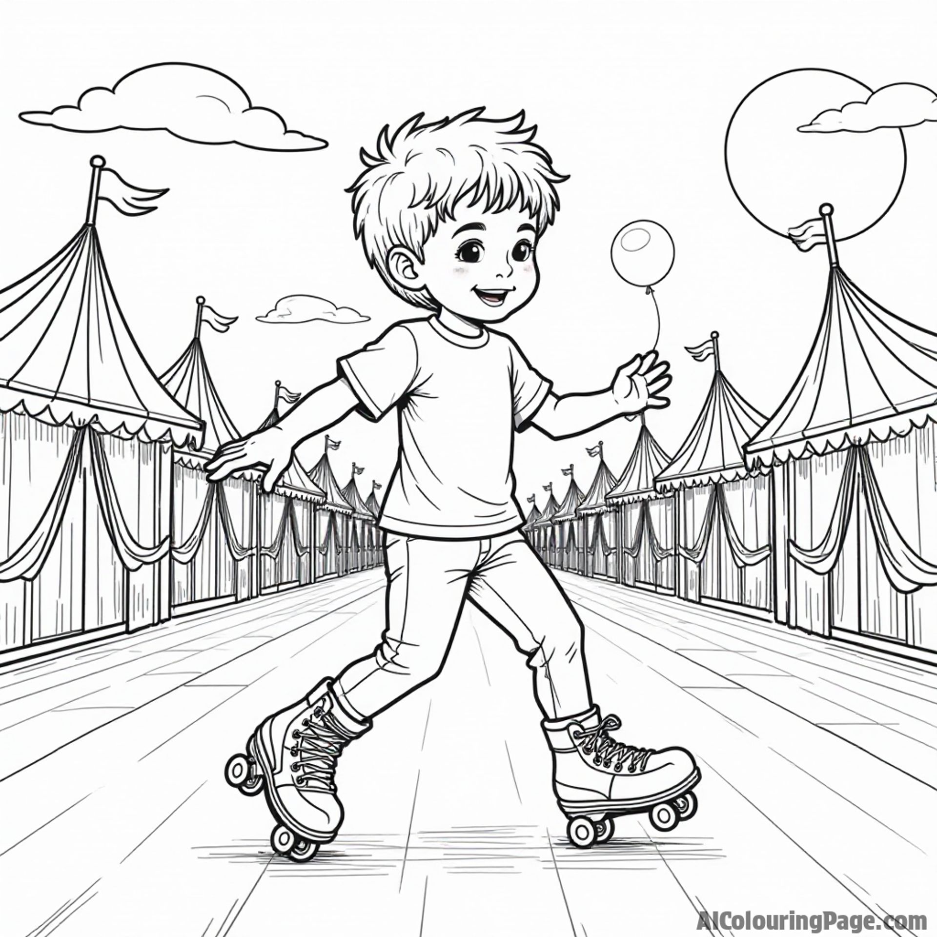 A young boy roller-skating through a carnival, with colorful tents and balloons, showcasing the festive atmosphere of sports and fun activities for children to enjoy while coloring.