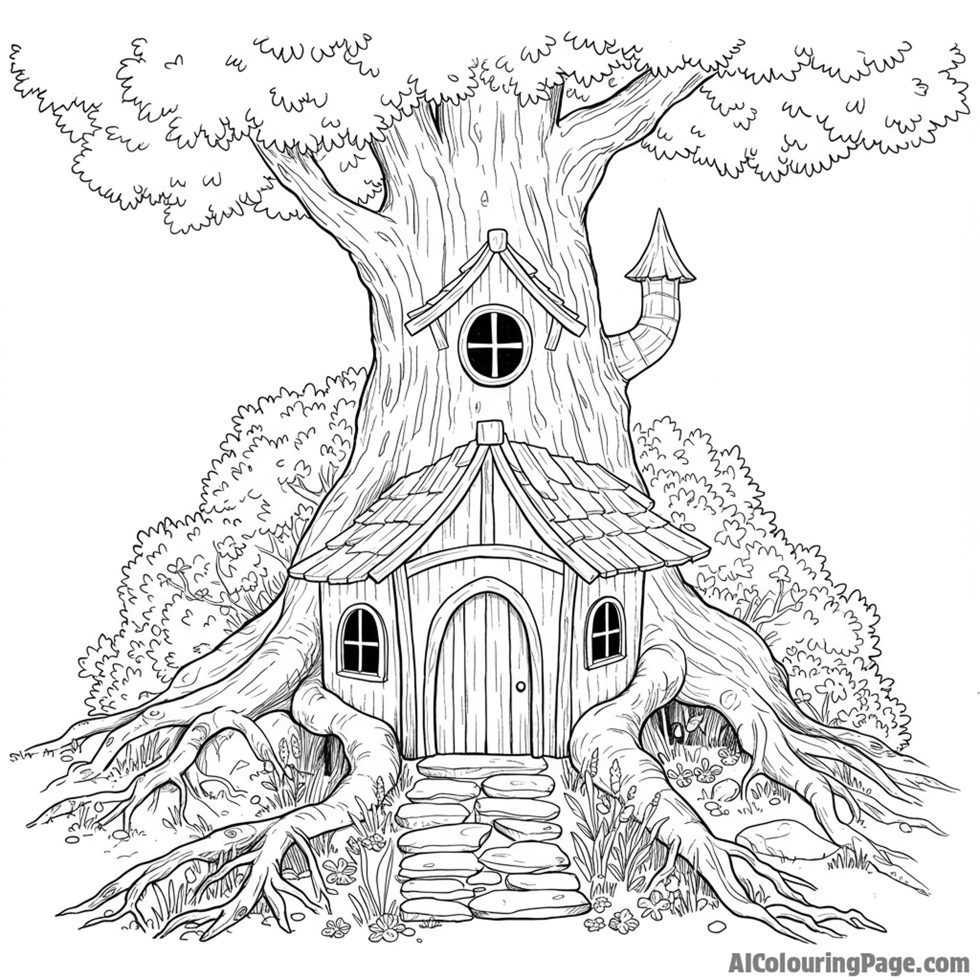 A whimsical fairy house nestled amongst the roots of an ancient tree.