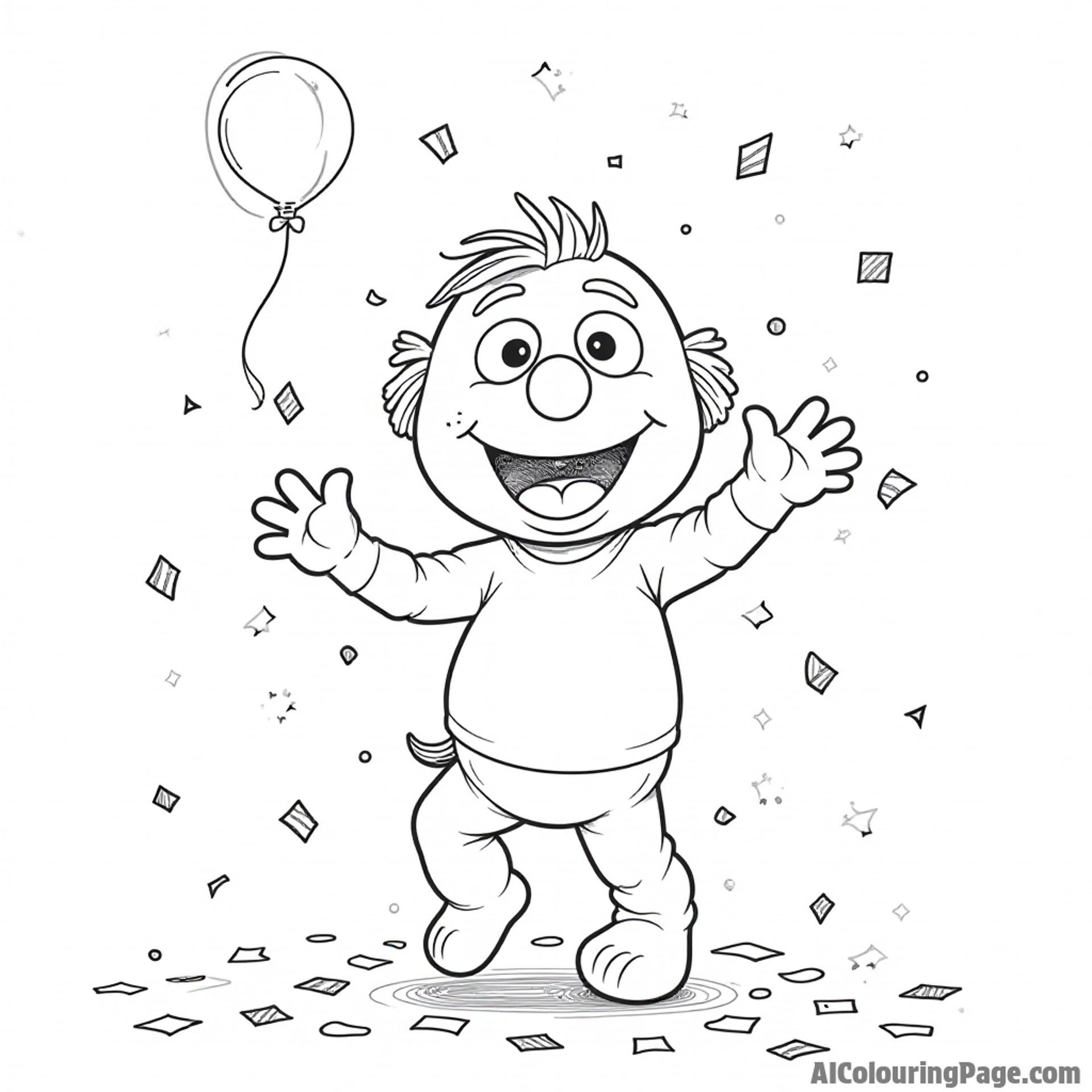 A Muppet baby dancing in a rain of colorful confetti, with streamers and balloons floating around in the air.