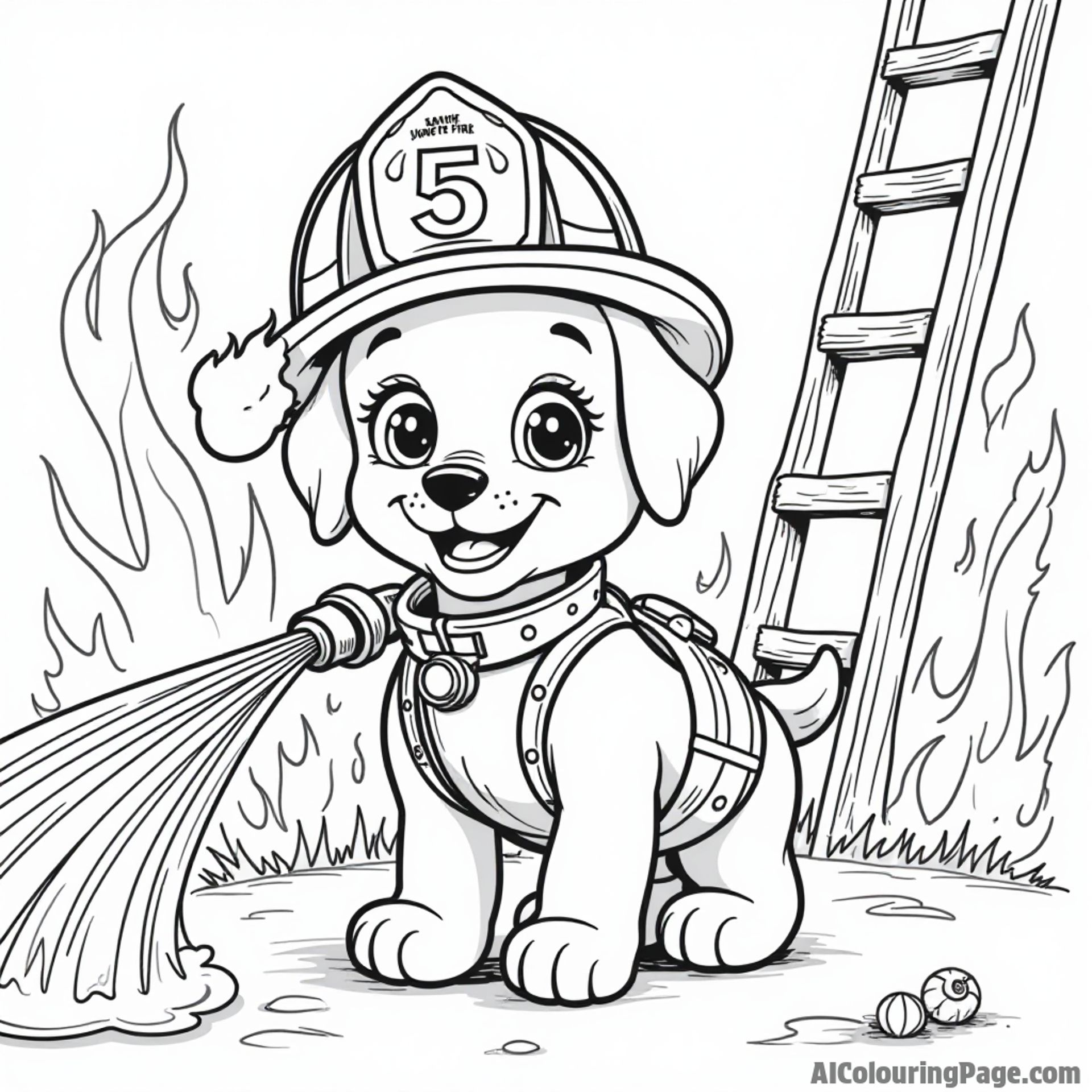 A brave puppy wearing a firefighter hat sprays water from a hose, surrounded by flames and a rescue ladder in the scene.