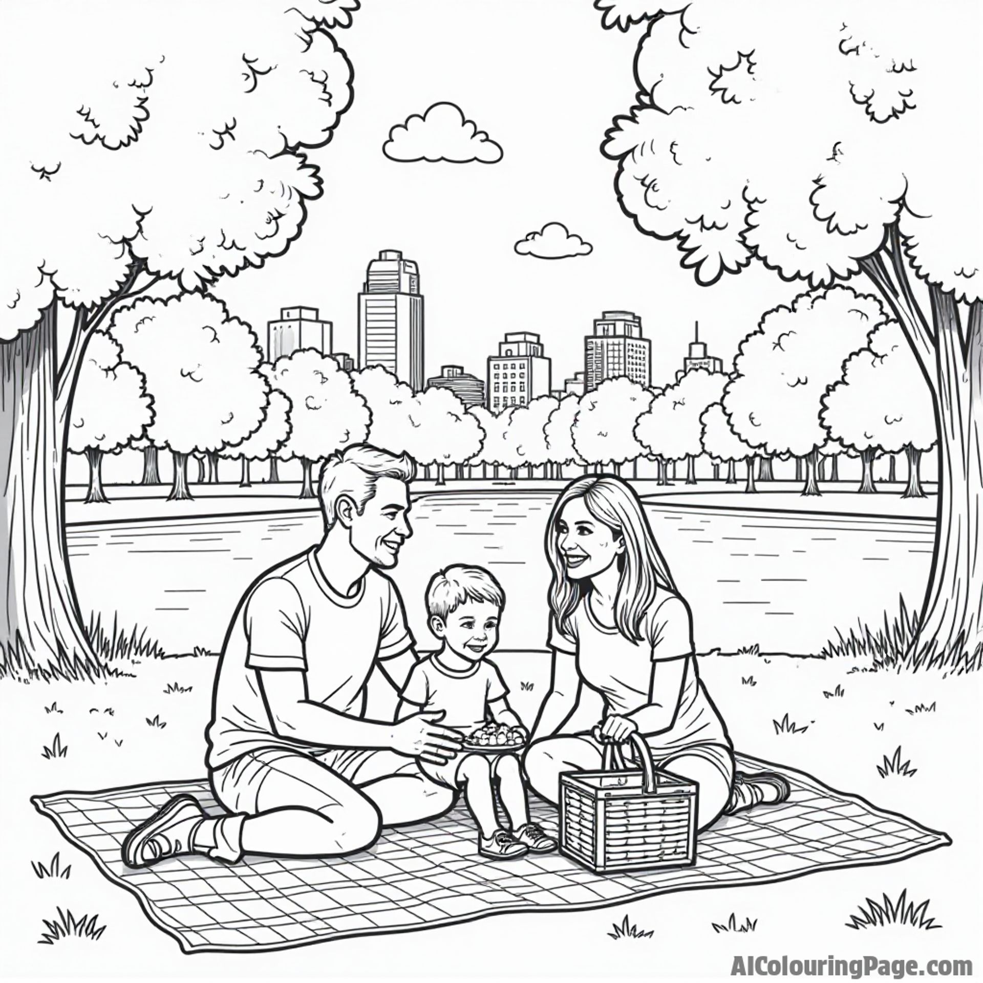 A family enjoying a picnic in Central Park, featuring a checkered blanket, a picnic basket, and colorful balloons floating above.