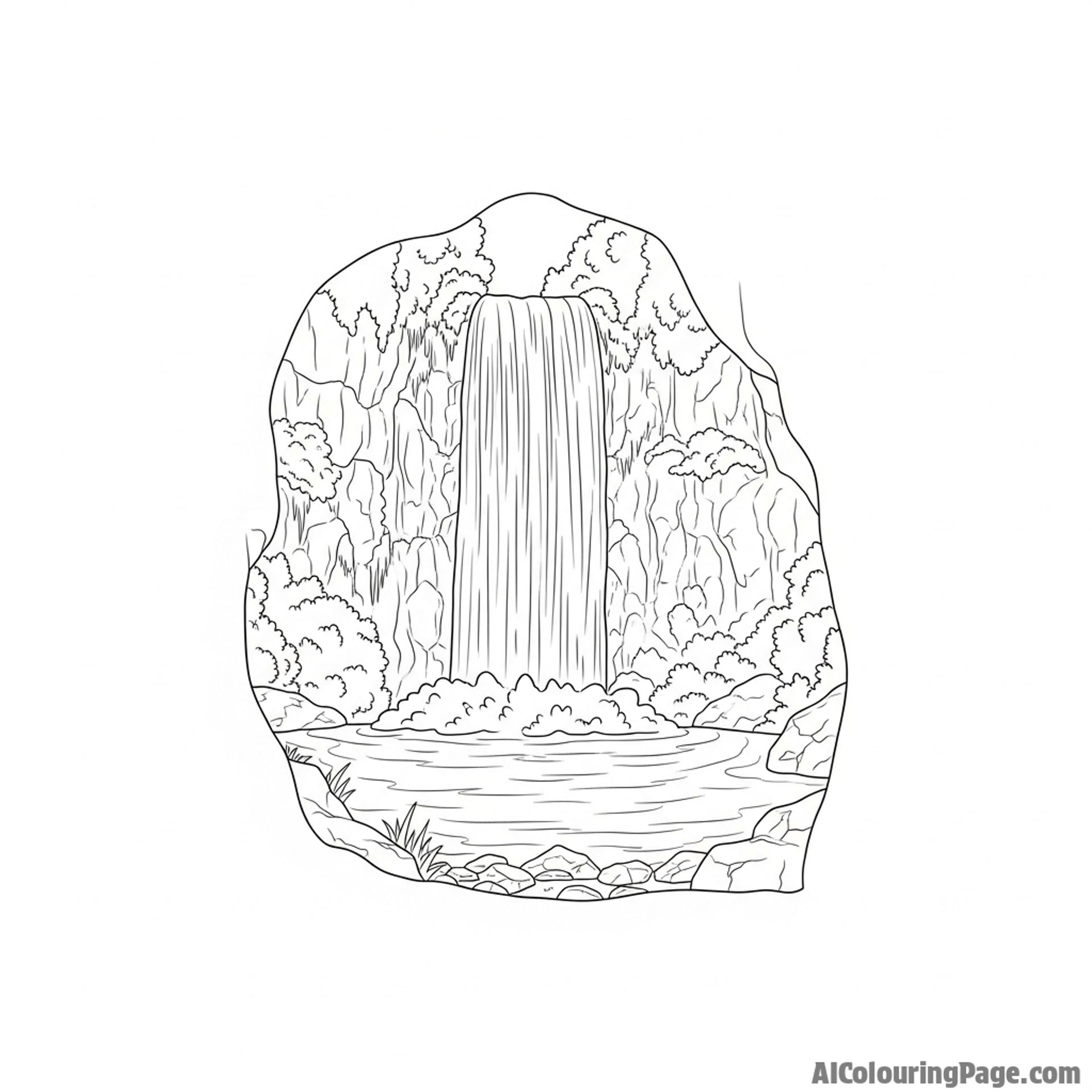 A hidden waterfall plunging into a serene pool, surrounded by lush vegetation.