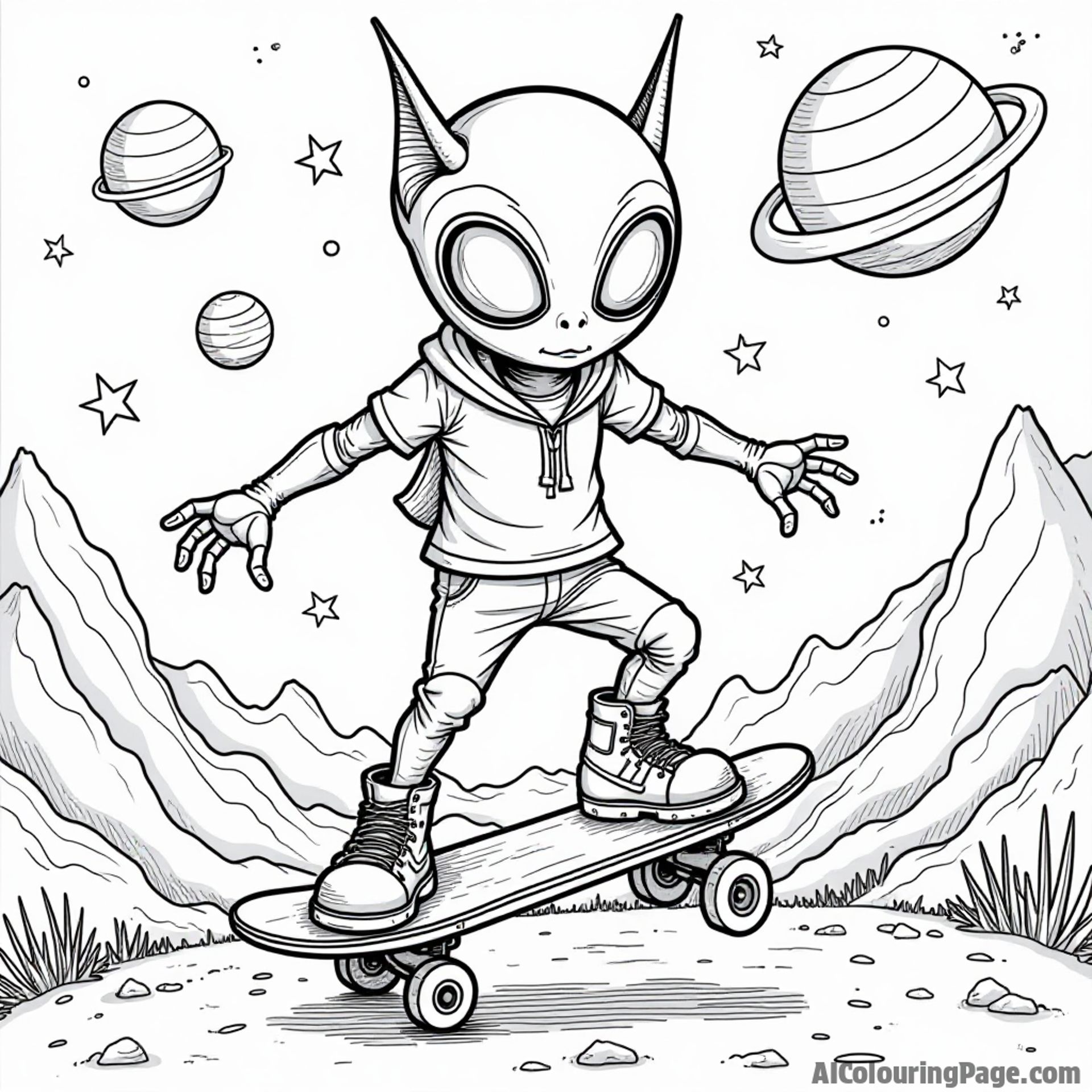 A funky alien skateboarding on another planet, with stars and planets in the background, creating an imaginative scene that encourages kids to color outside the lines.