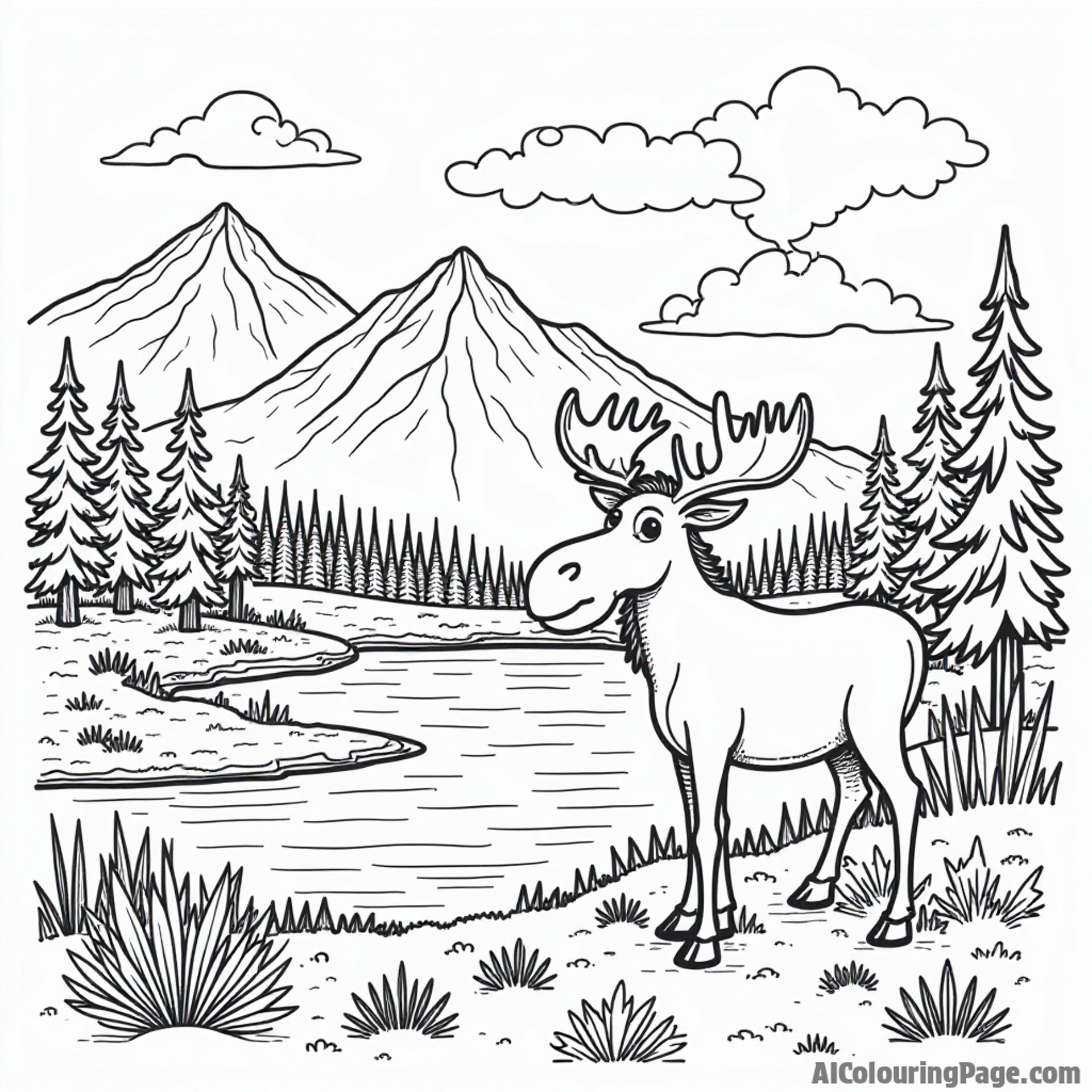 A whimsical Utah wildlife scene showcasing a friendly moose, a sparkling lake, and vibrant trees for young artists to explore.