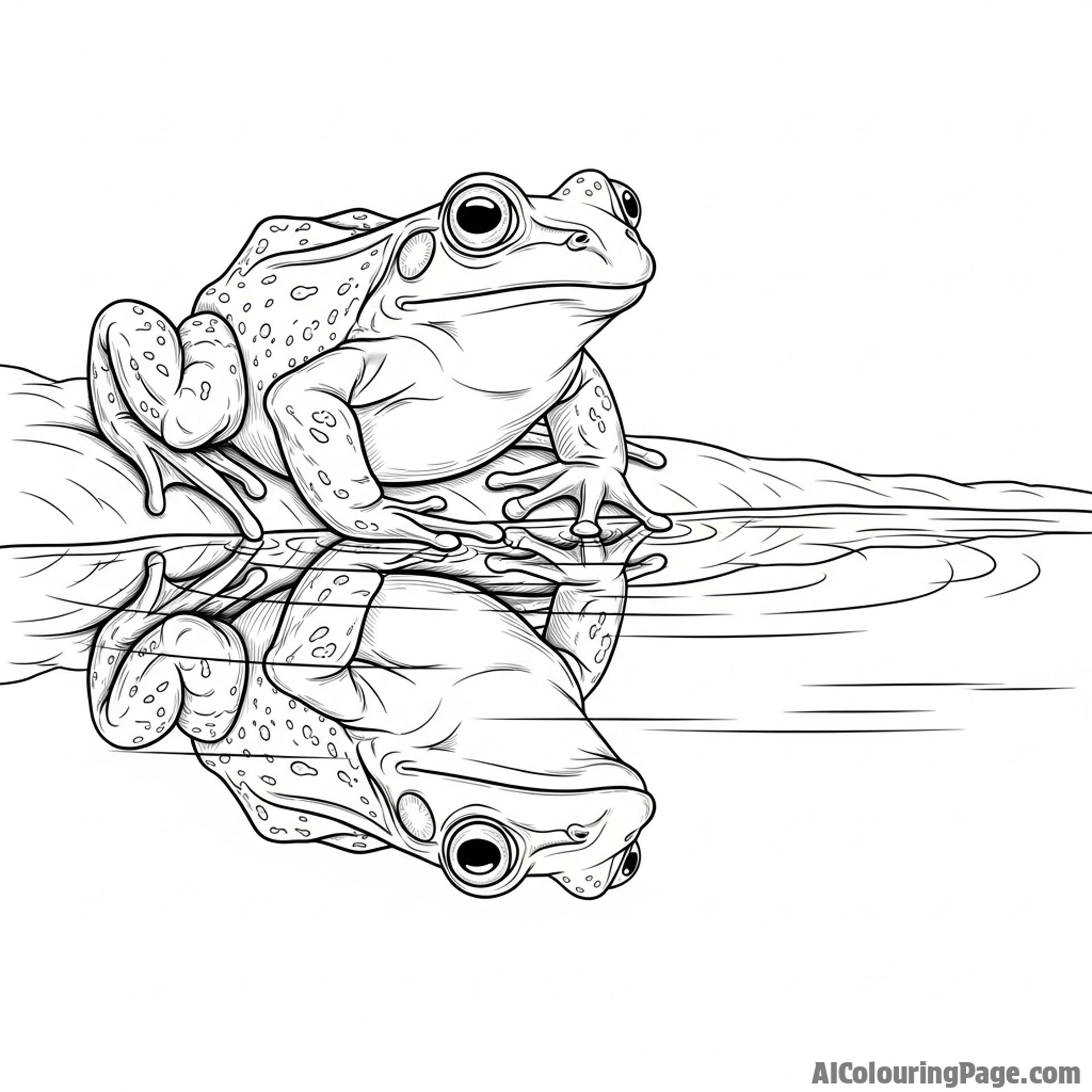 A frog looking at its own reflection in a perfectly still pond.