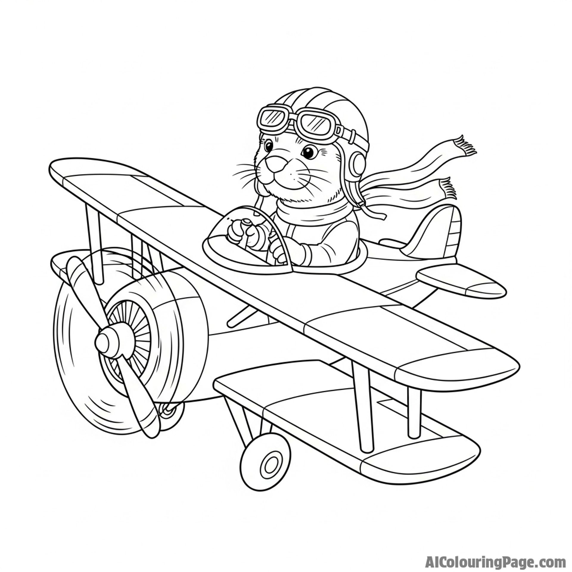 A heroic otter as a pilot, at the controls of a miniature biplane.
