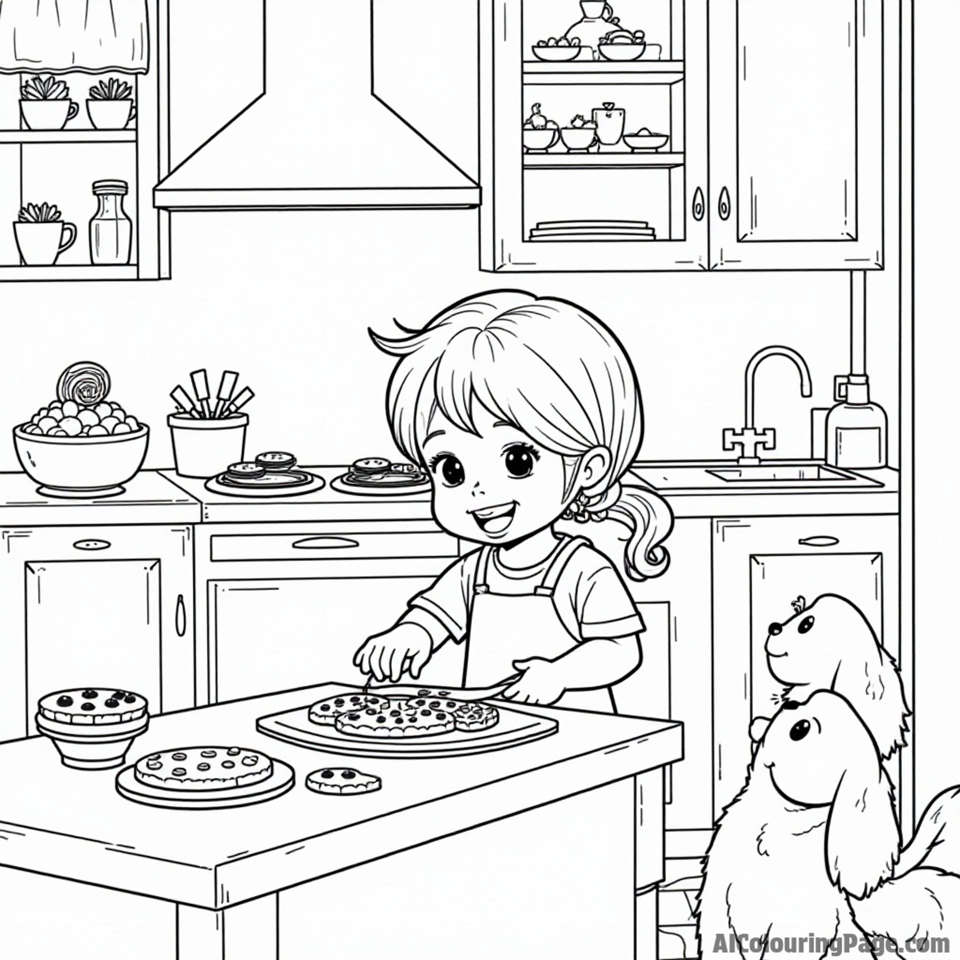 A cozy kitchen with a child baking cookies, colorful lollipops on the counter, and excited pets waiting for treats
