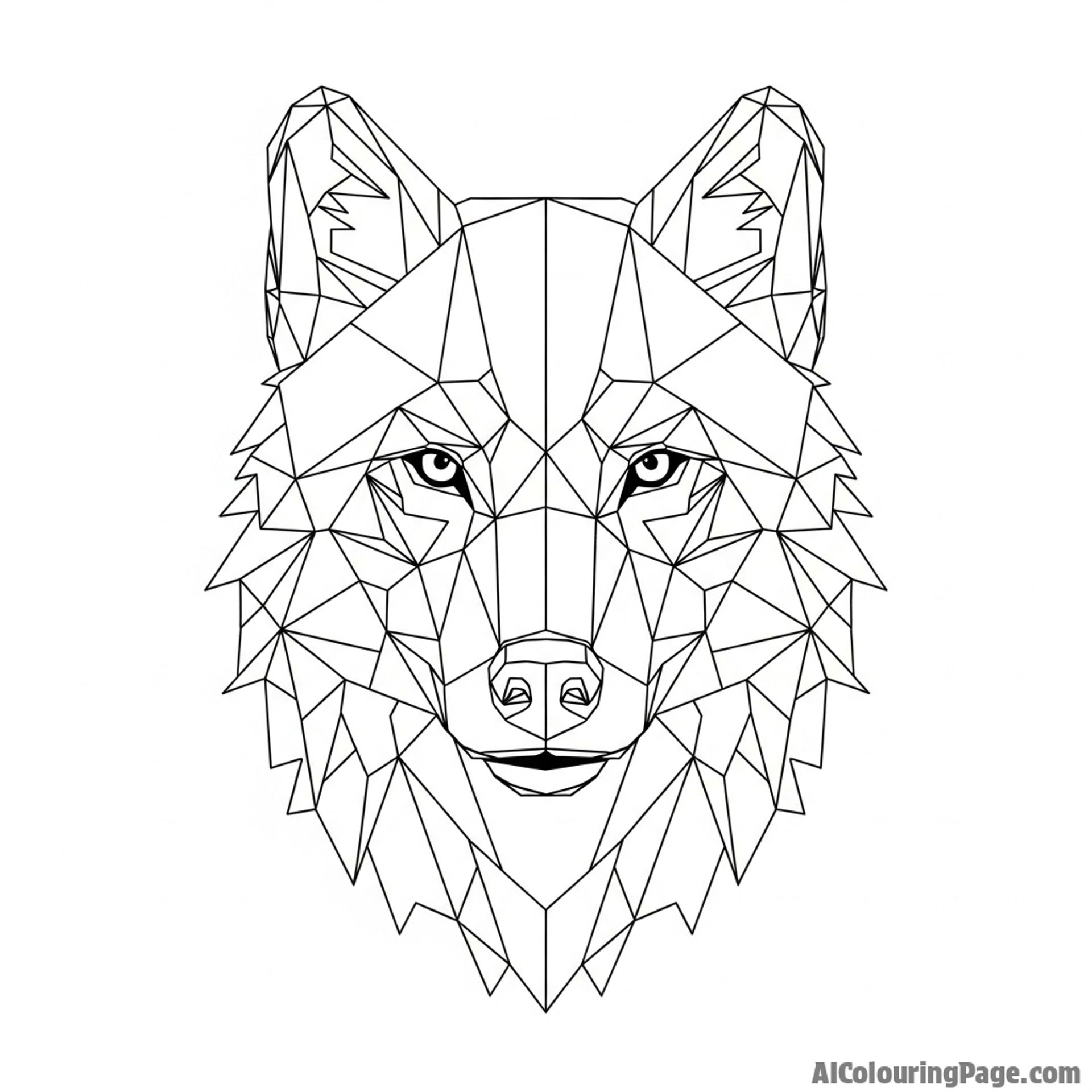 A low-poly, geometric rendering of a wolf's head, created from sharp-edged polygons.
