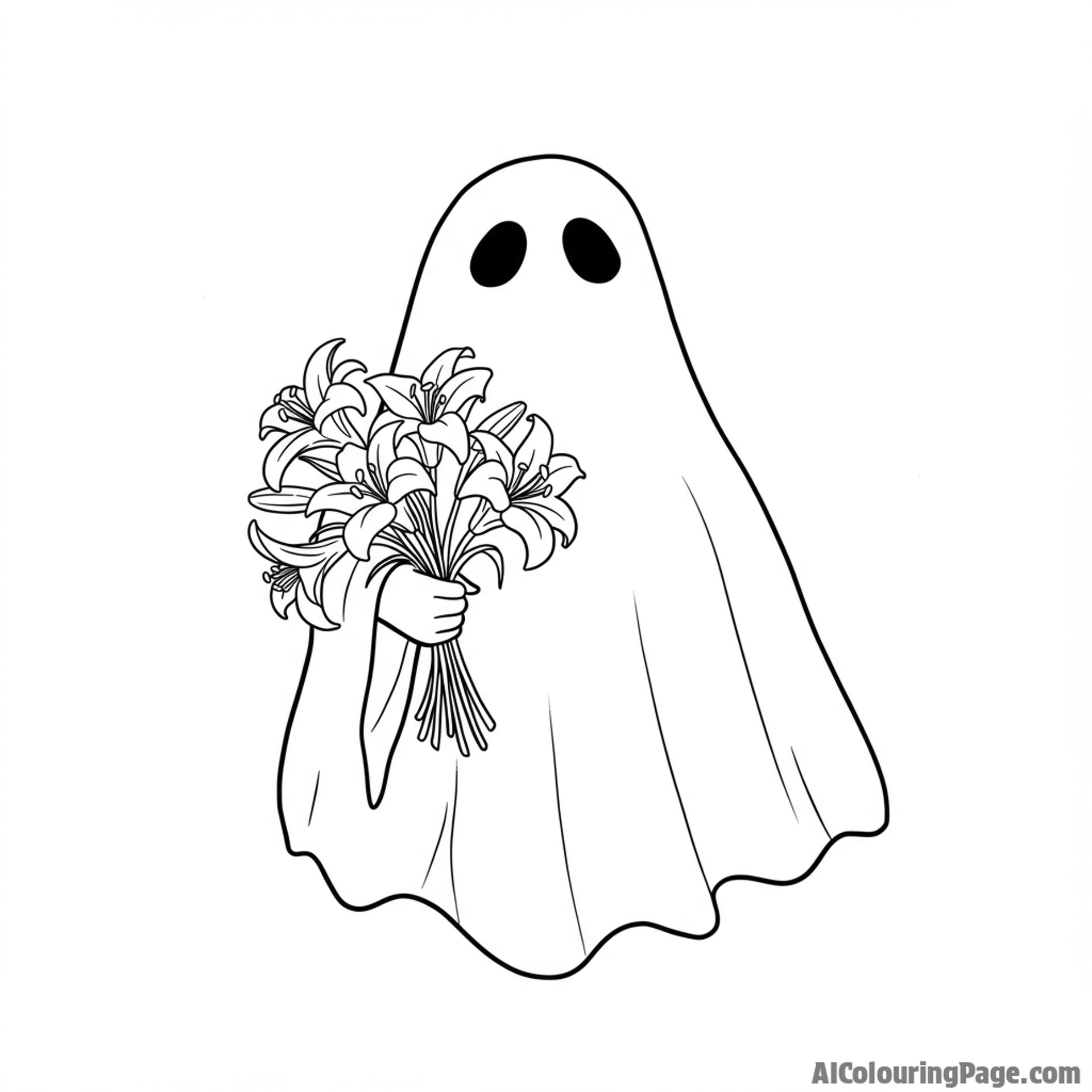 A ghost holding a bouquet of spectral lilies.