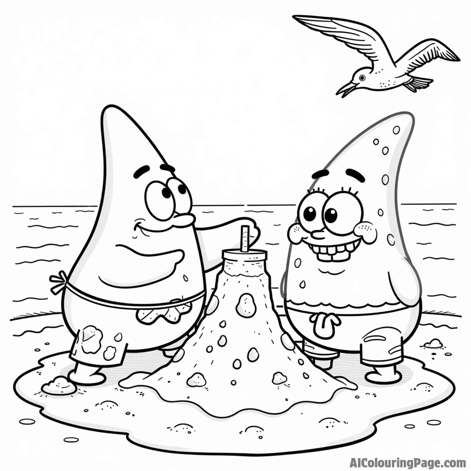 Patrick Star building a sandcastle on Goo Lagoon while SpongeBob admires it and a seagull watches from above