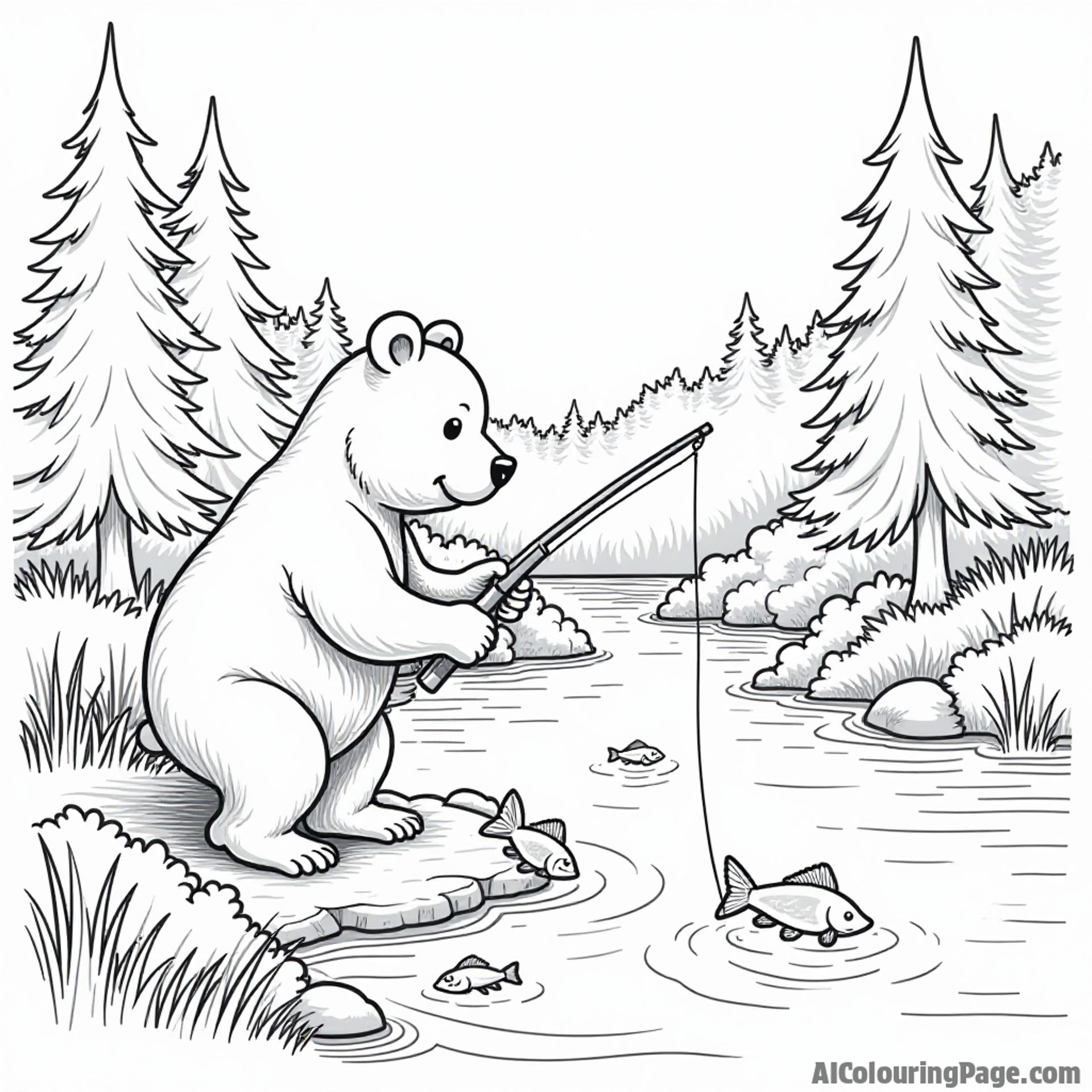 A playful bear fishing in a stream, with fish jumping out of the water and tall trees lining the riverbank in Maine.