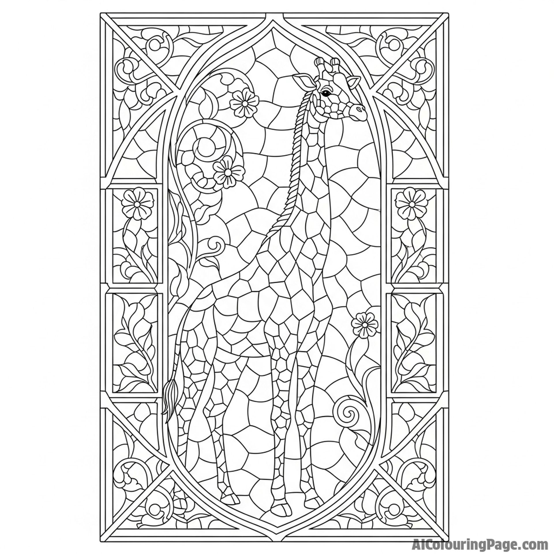 A stained glass window design featuring a majestic giraffe.