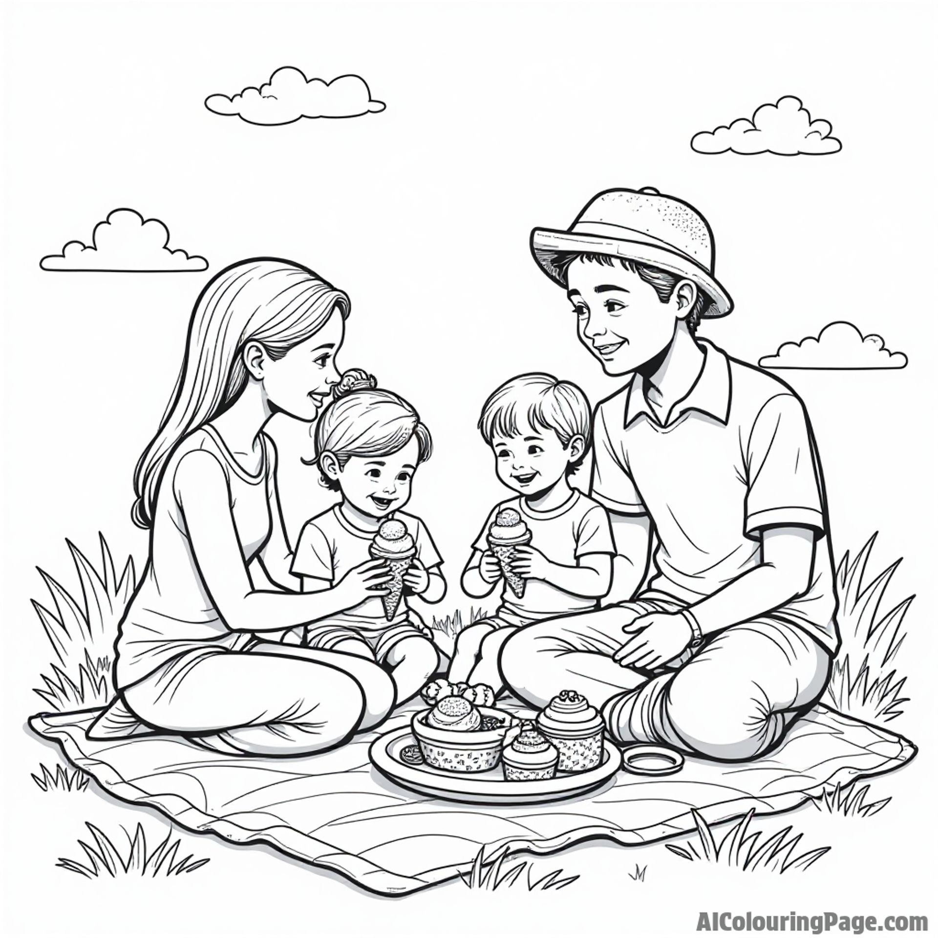 A family enjoying a picnic with various ice cream flavors and toppings spread out on a colorful blanket