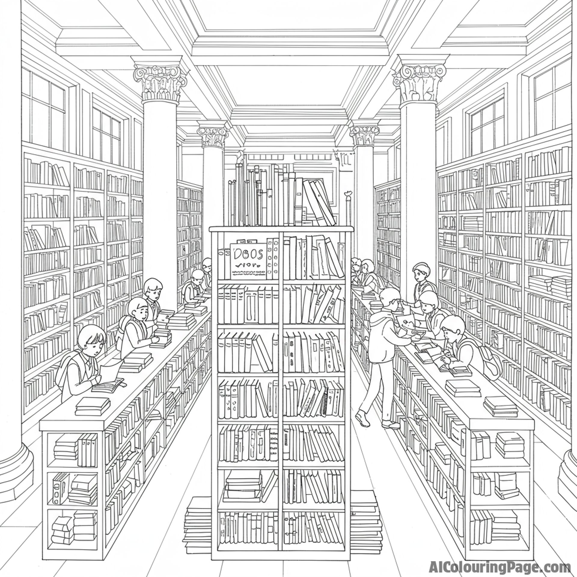 A school library filled with towering shelves and students deeply engrossed in books.