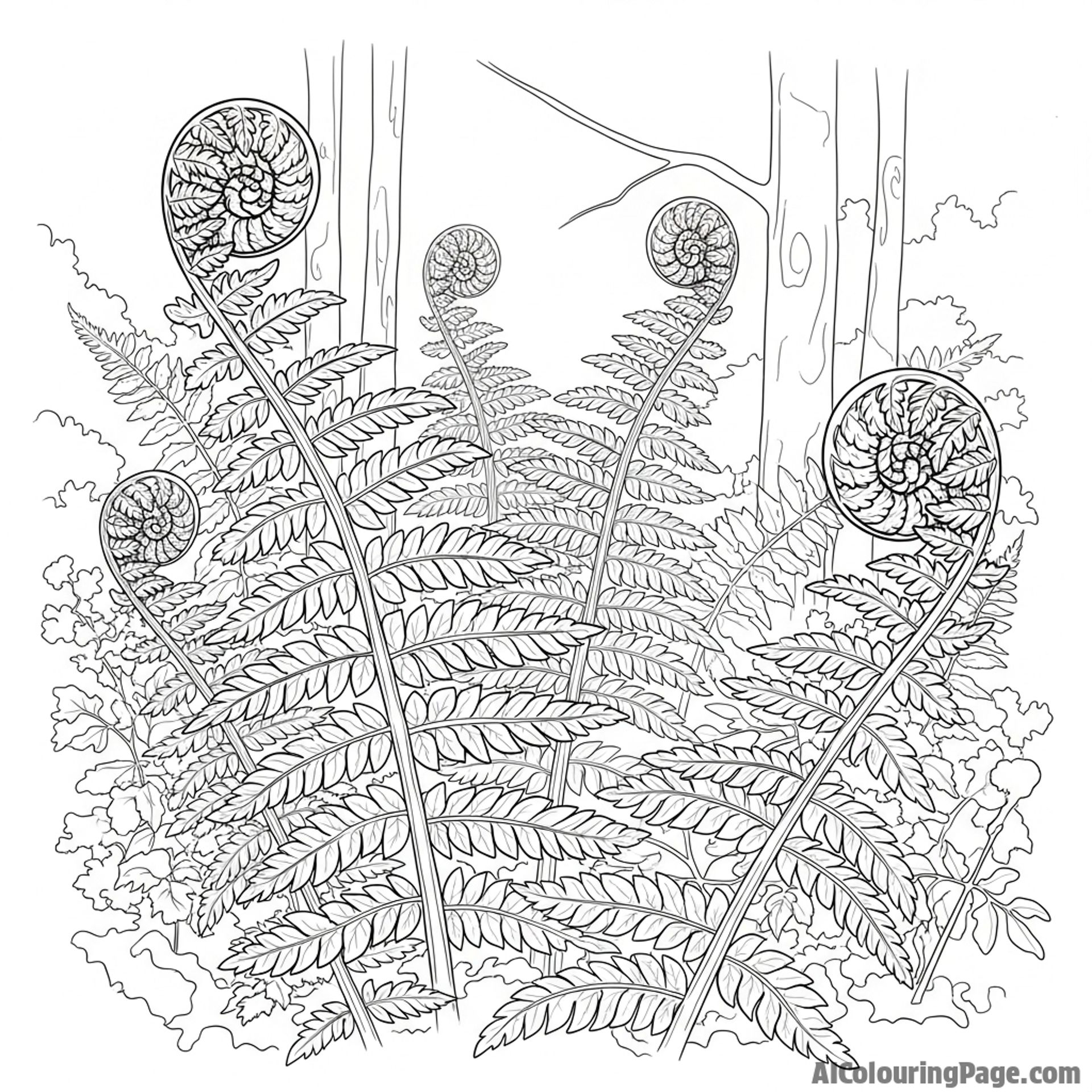 Unfurling fern fronds in a forest, dappled sunlight.