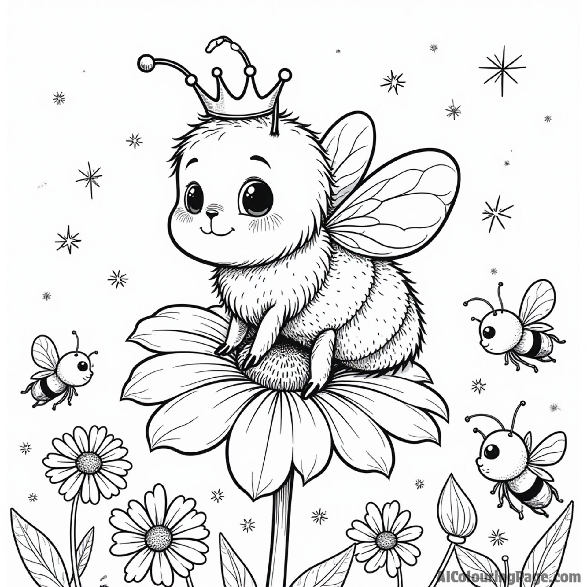 A bee wearing a little crown, sitting on a flower surrounded by sparkles and other happy insects in a garden.