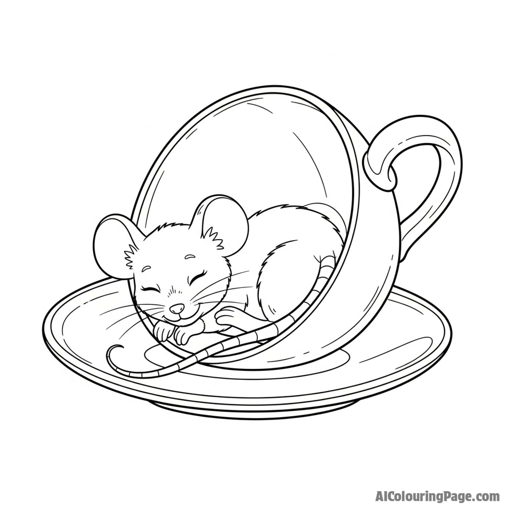 A mouse sleeping soundly, curled up in a discarded teacup.