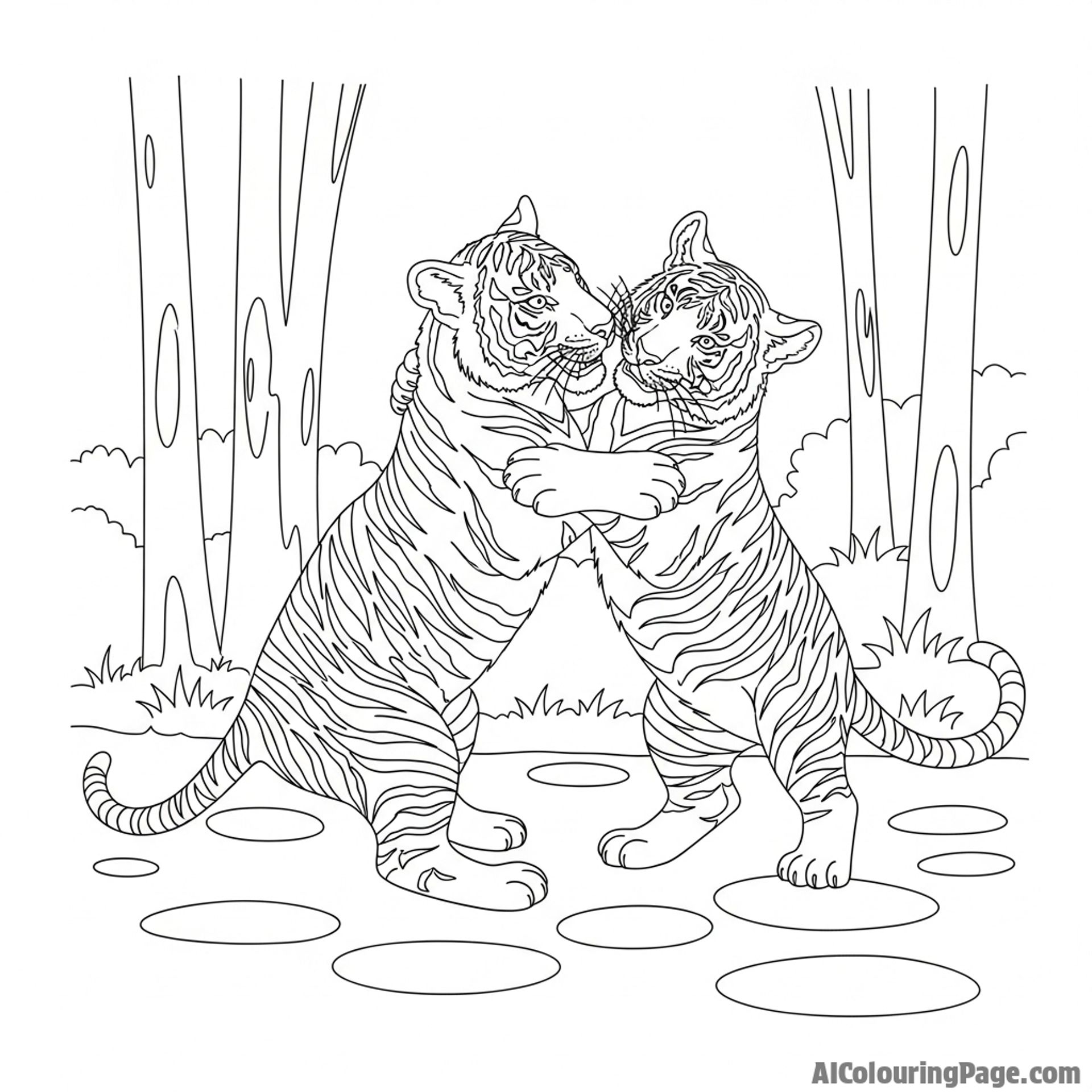 Two young tigers playfully wrestling in a sun-dappled clearing.