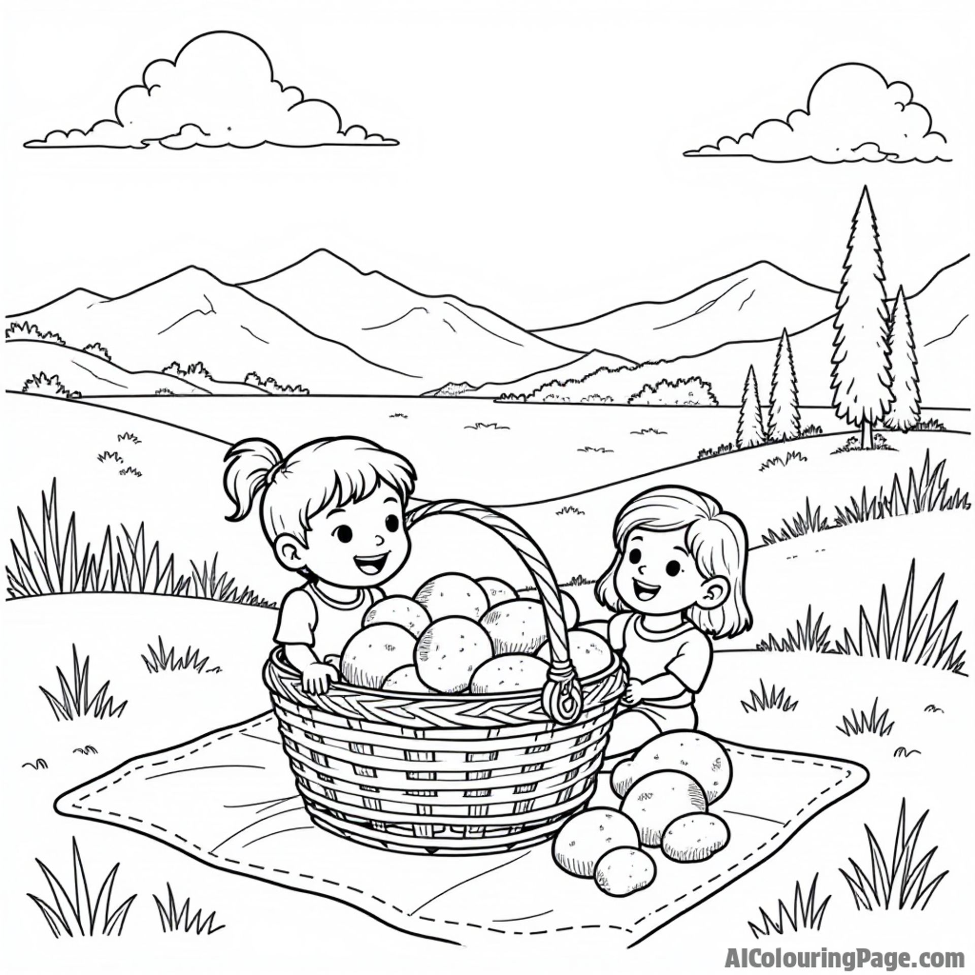 An Idaho-themed picnic scene featuring a basket filled with potatoes, a scenic view, and happy kids enjoying the outdoors.