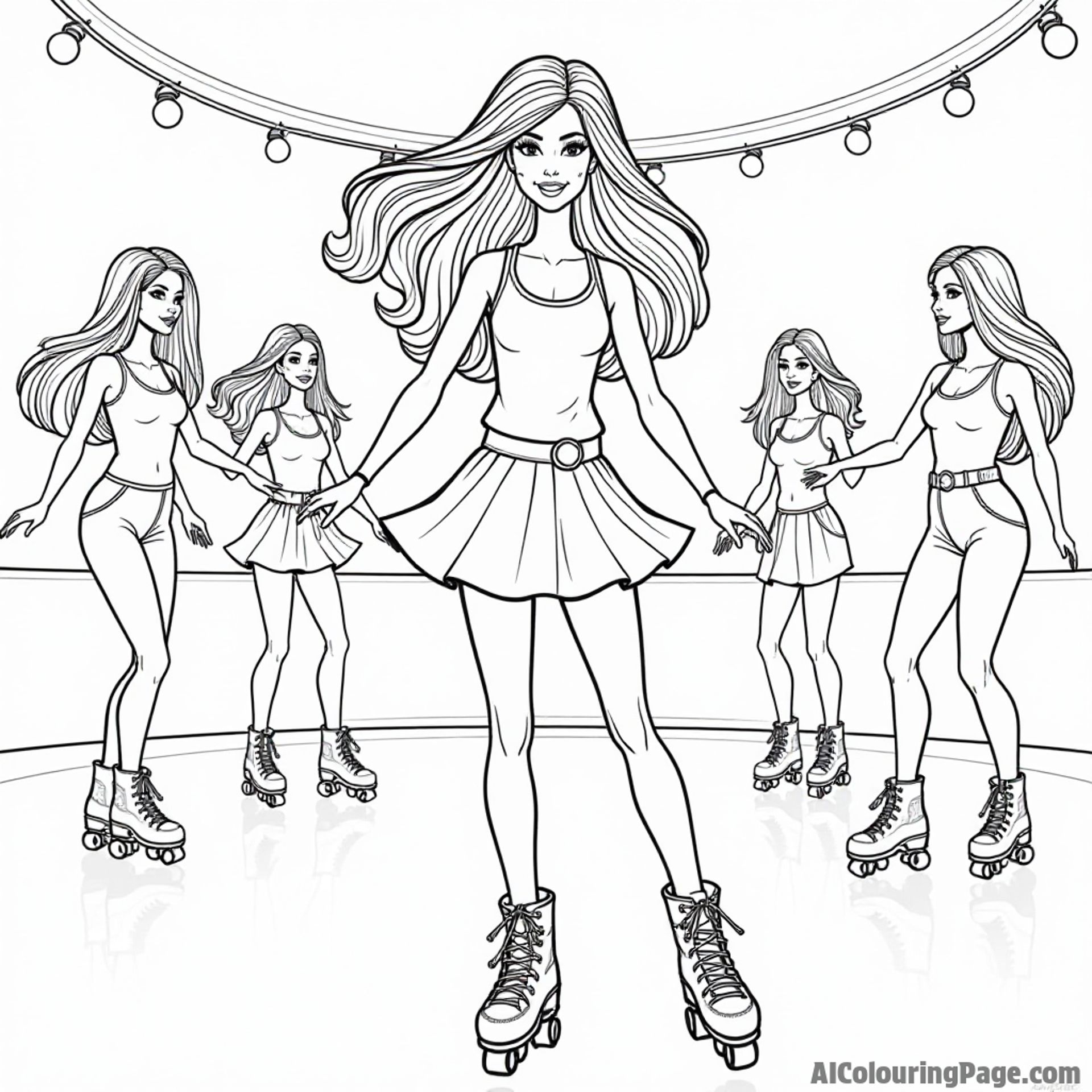 Barbie skating at a roller rink, wearing a fun outfit and roller skates, surrounded by friends dancing and having fun.