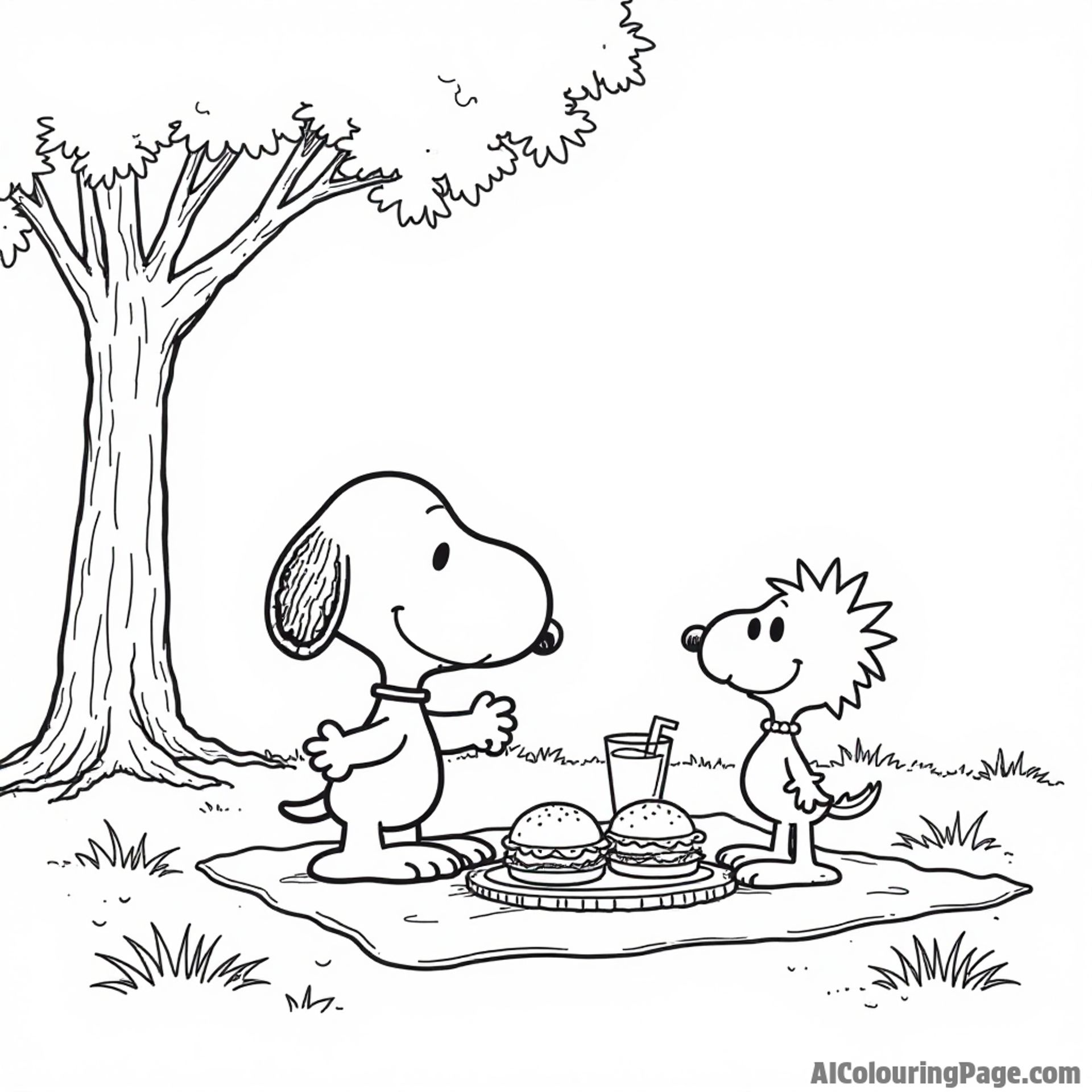 Snoopy and Woodstock having a picnic on a blanket with sandwiches and lemonade under a shady tree