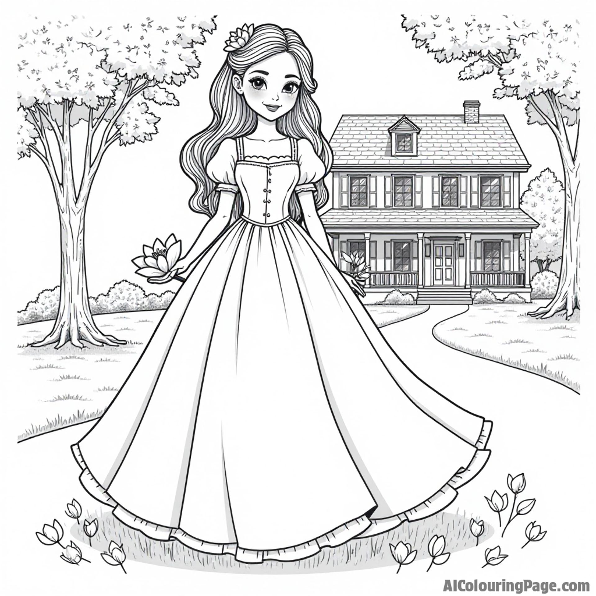 An adorable Southern belle in a flowing dress, holding a magnolia flower, with a classic Georgia plantation house in background.
