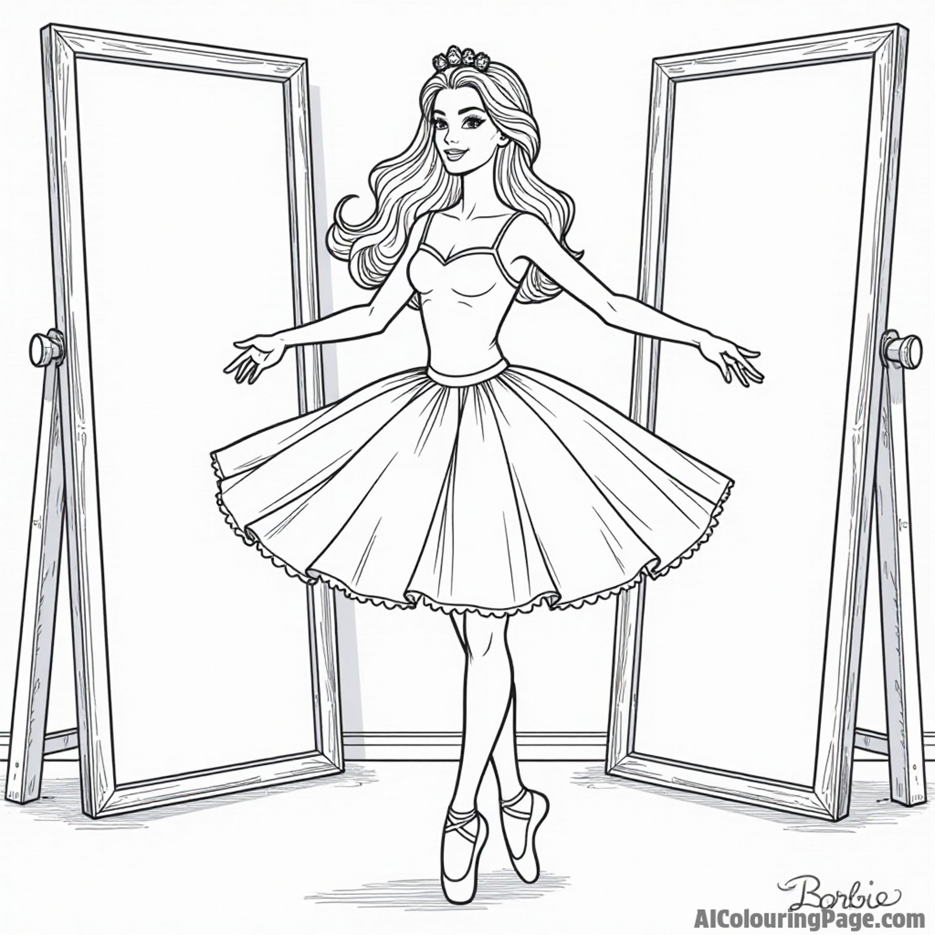 Barbie as a ballet dancer, practicing on stage with a big tutu, surrounded by mirrors and ballet shoes.