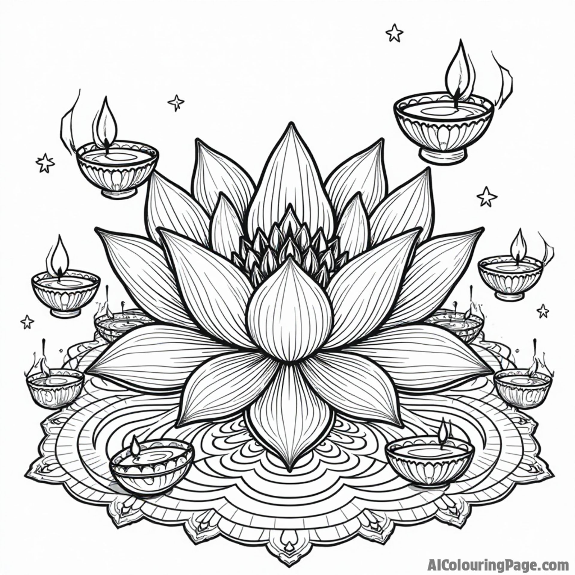 A vibrant lotus flower surrounded by floating diyas and intricate mandala patterns, symbolizing purity and enlightenment during Diwali for a peaceful coloring journey in Festivals and Traditions Coloring Sheets.