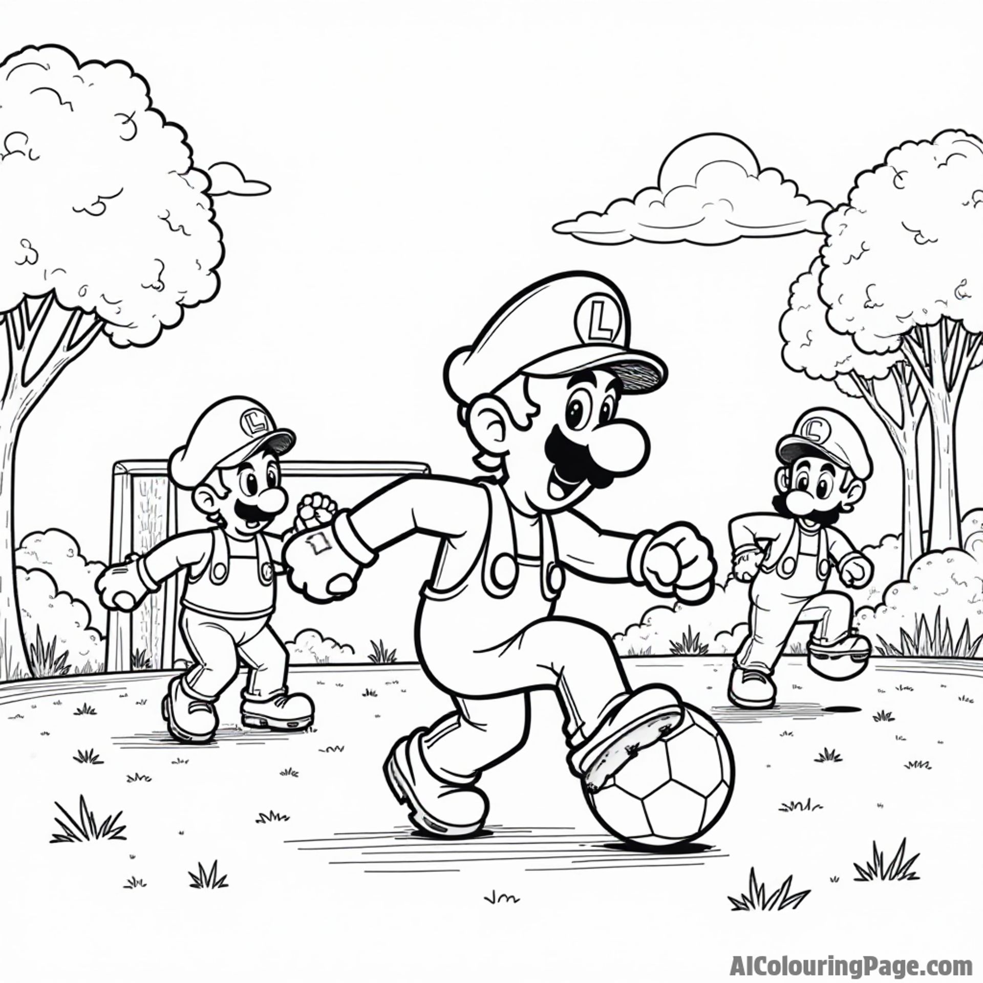 Luigi playing soccer with friends in a park with trees and a goalpost in the background.