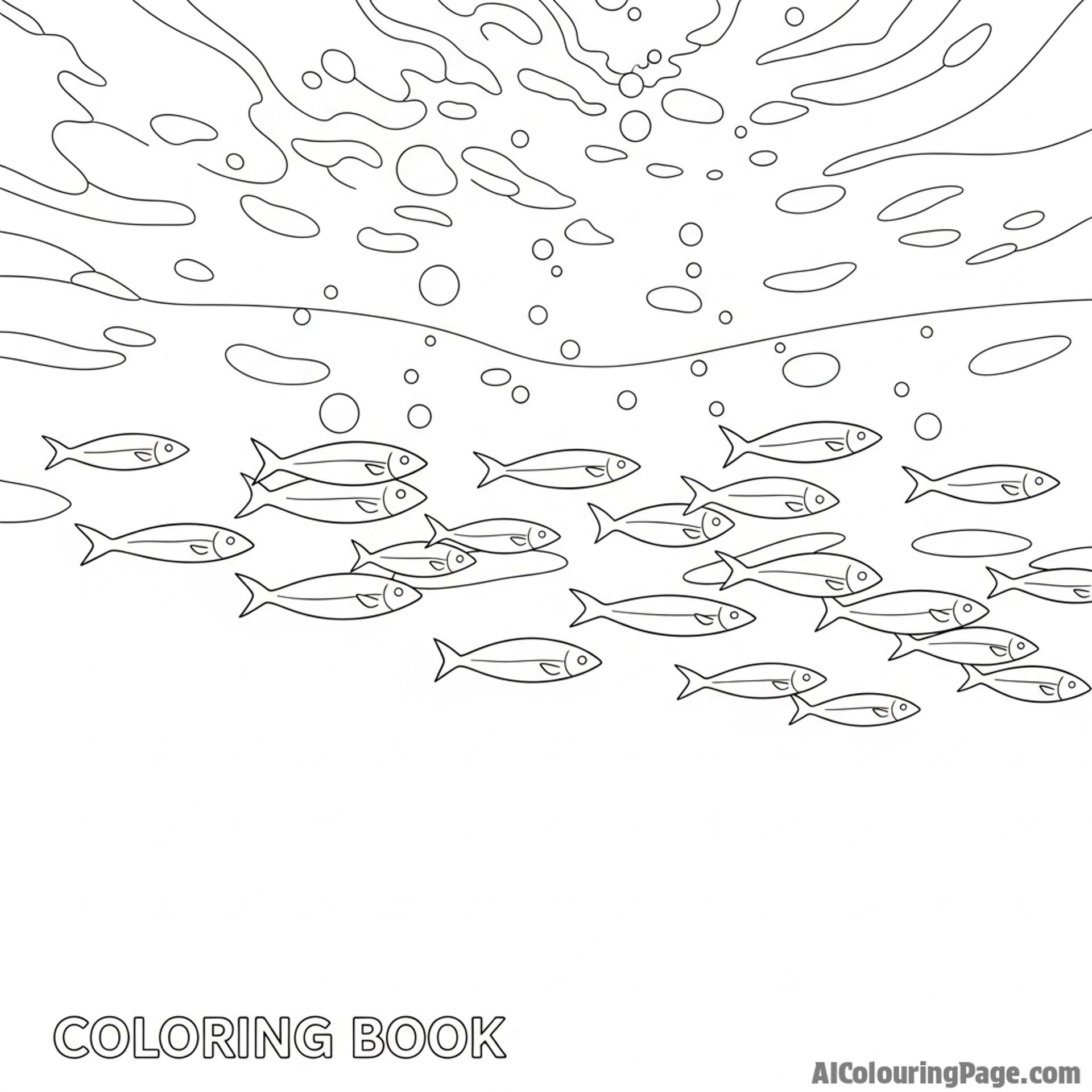 A school of shimmering fish swimming in unison through sun-dappled water.