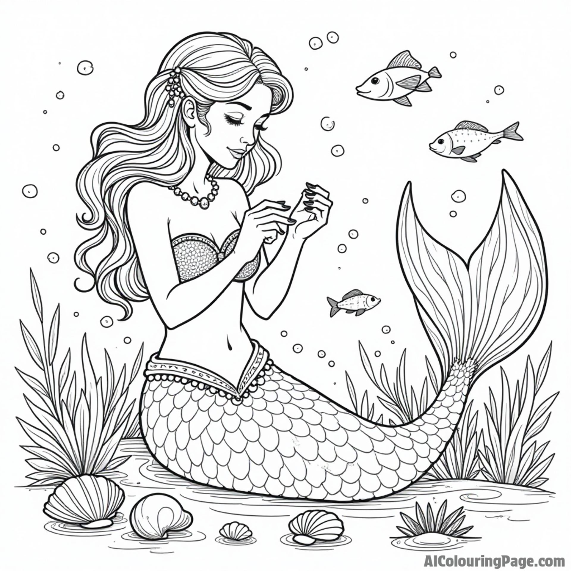 A mermaid creating jewelry from seashells and pearls, with a backdrop of shimmering waves and colorful fish.