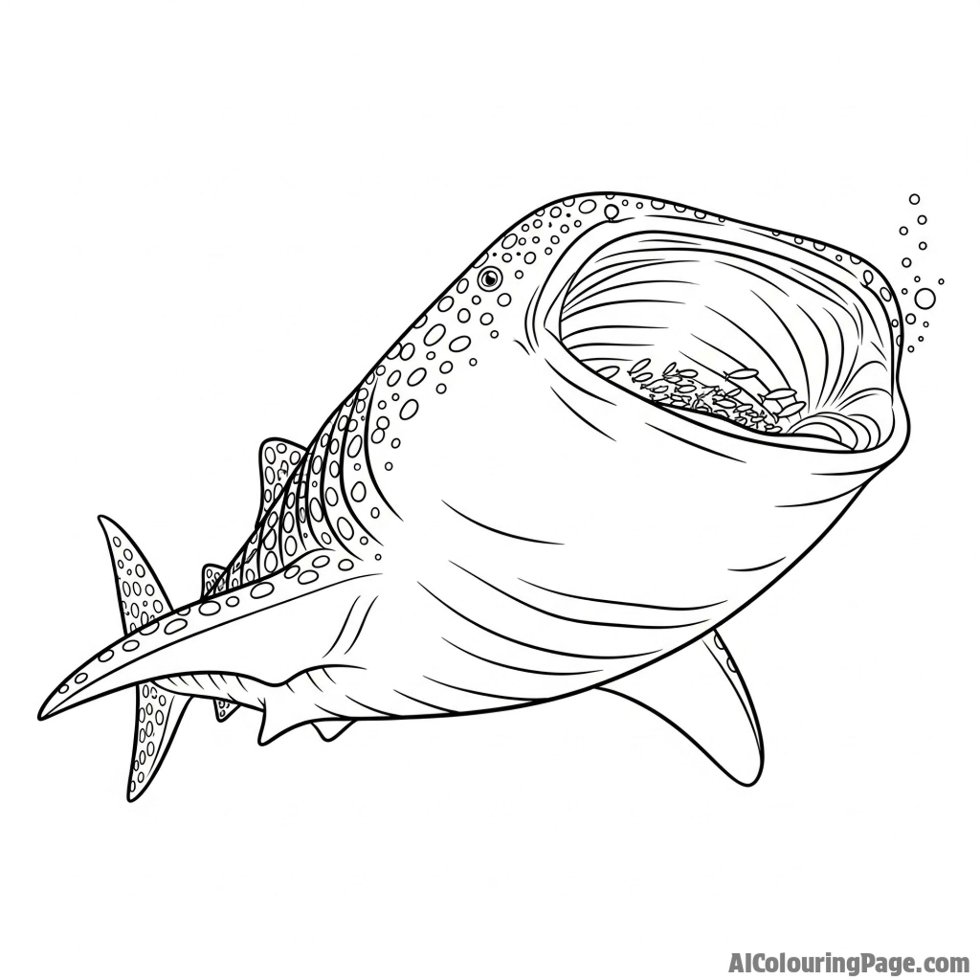 A low-angle shot of a whale shark, its mouth open to filter feed.