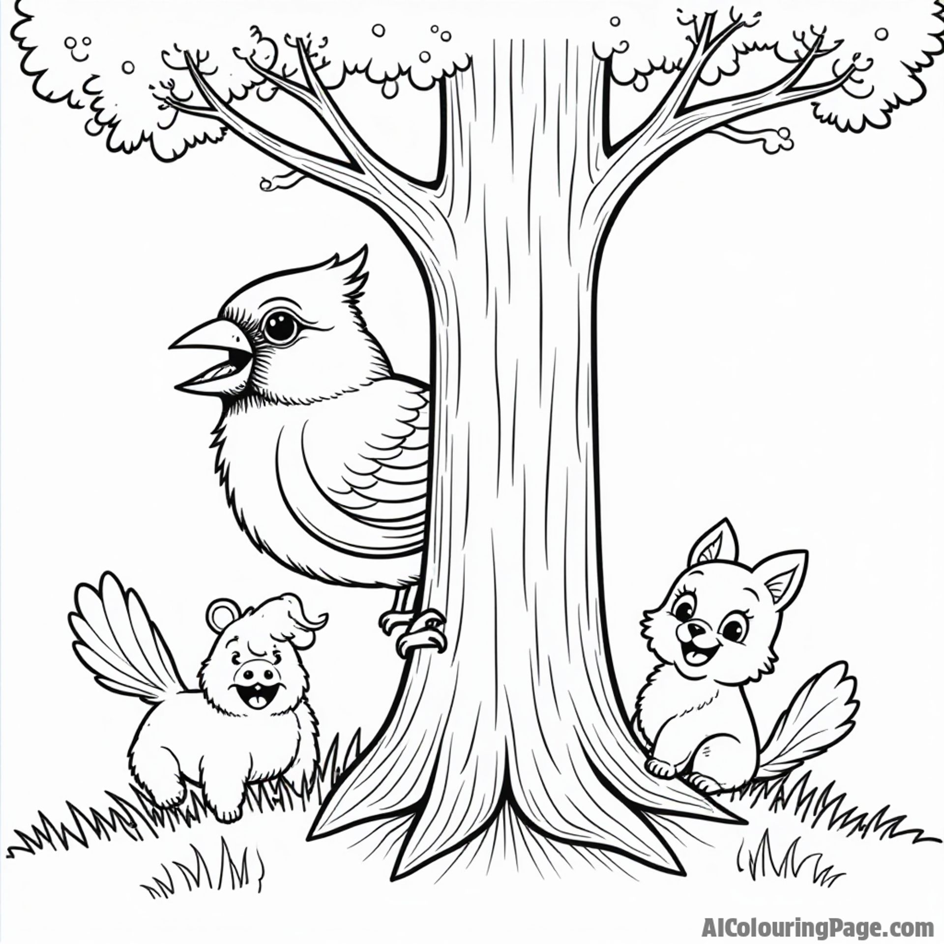 A playful cardinal hiding behind a tree, with playful woodland animals peeking out, creating a fun and engaging scene to color.