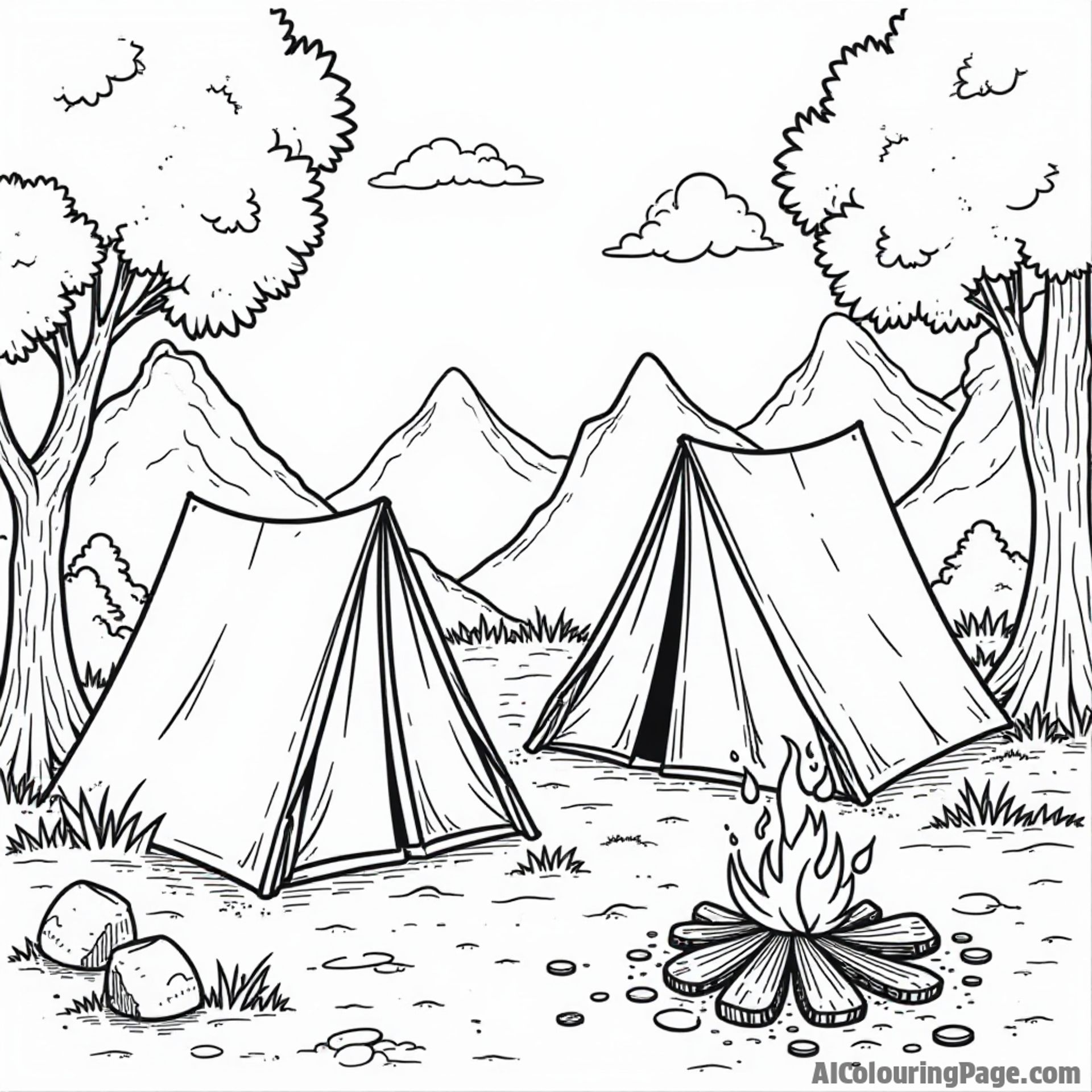 A scenic campsite featuring a compass, a cozy tent, and a campfire with marshmallows, perfect for kids to color their outdoor adventure in a fun and engaging way.