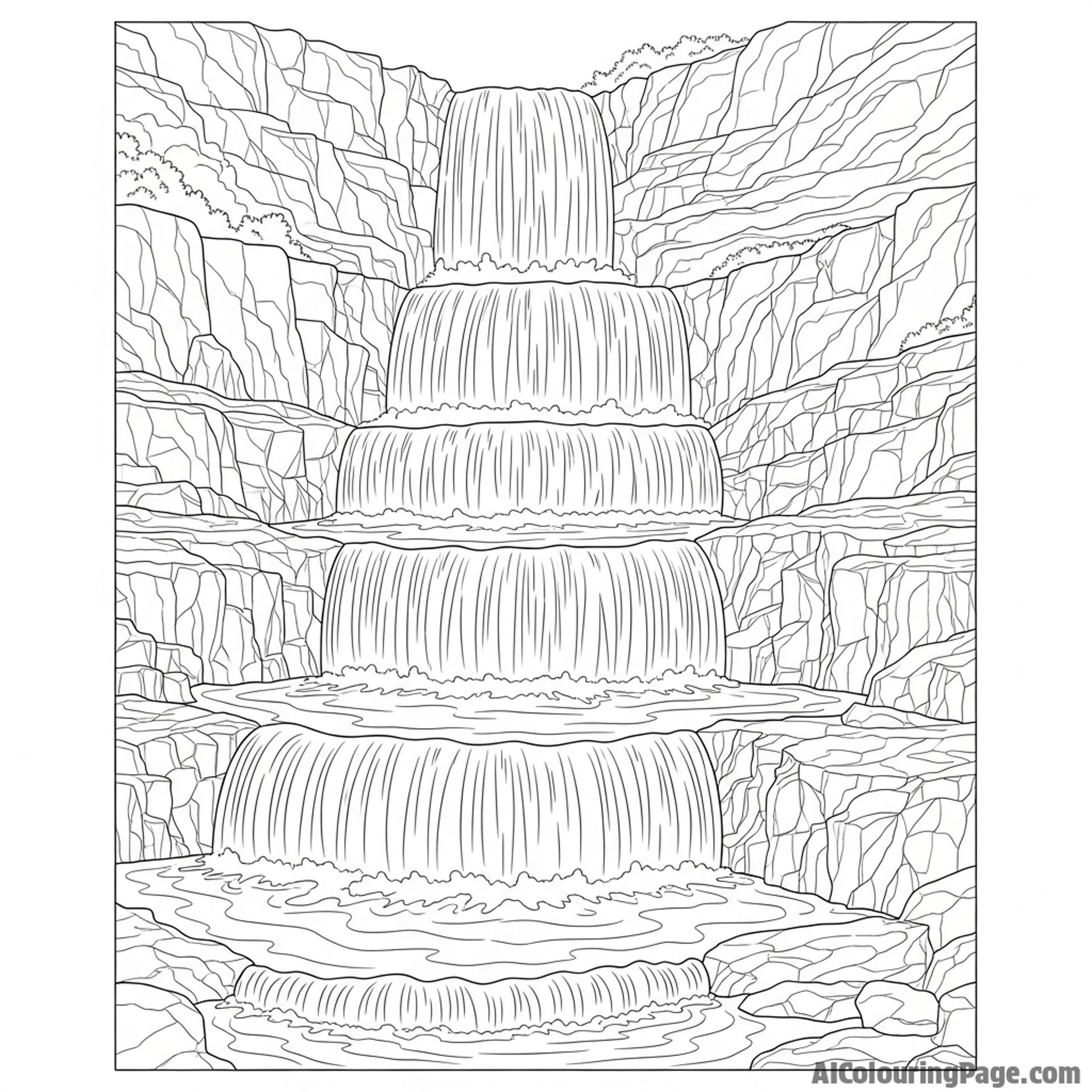 A tiered waterfall cascading down multiple levels of rock formations.