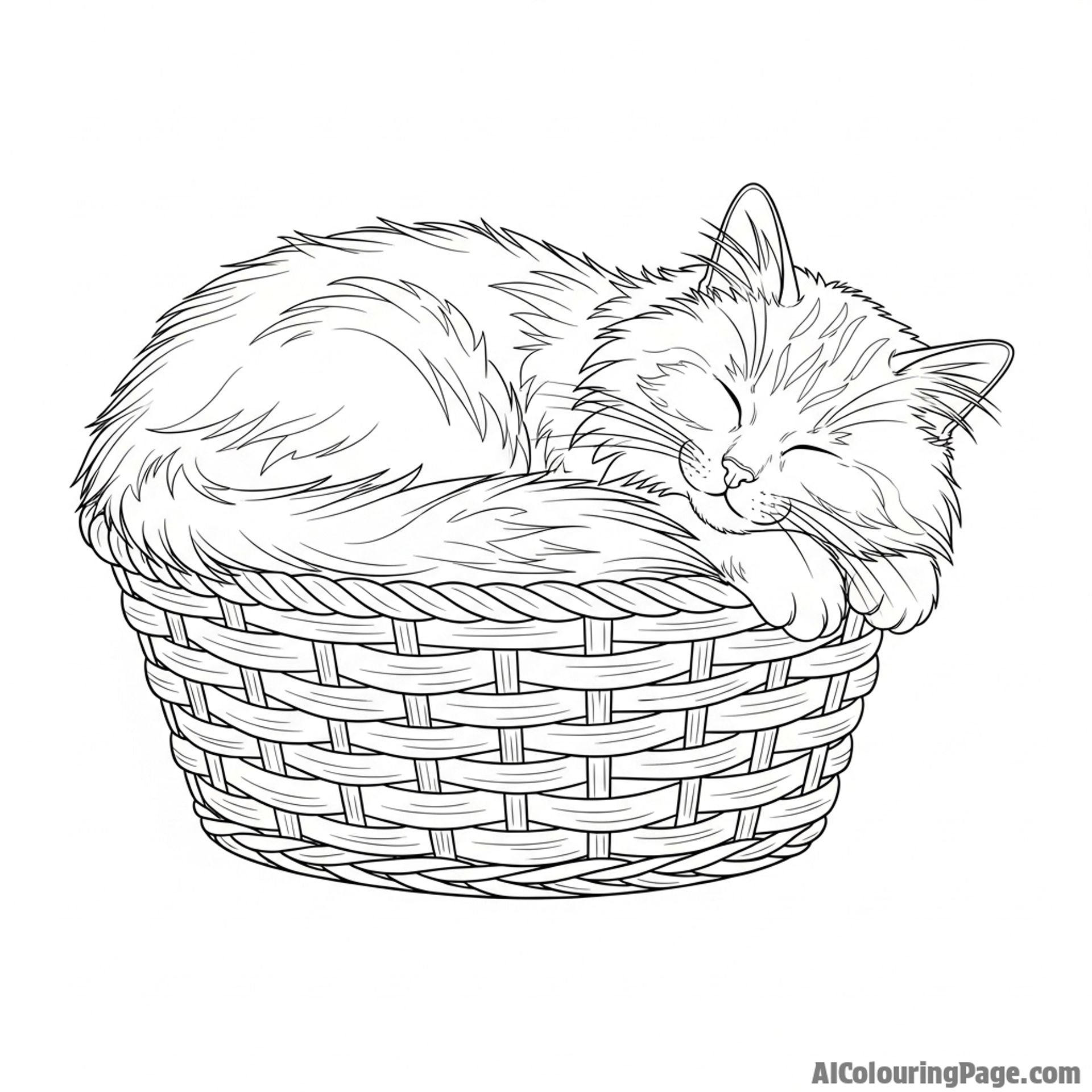 A fluffy cat curled up inside a small, woven basket.