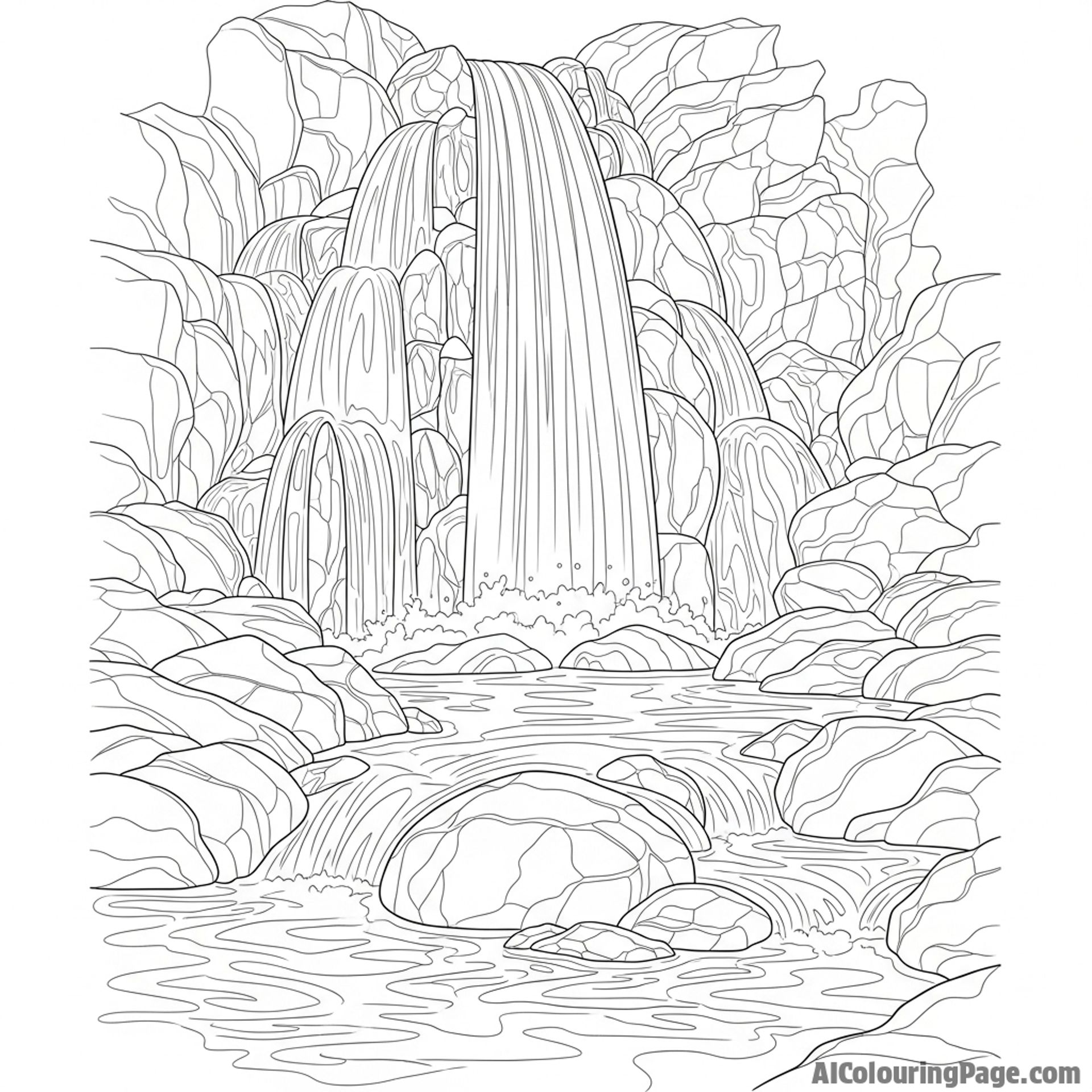 A waterfall with smooth, polished rocks sculpted by the flowing water.