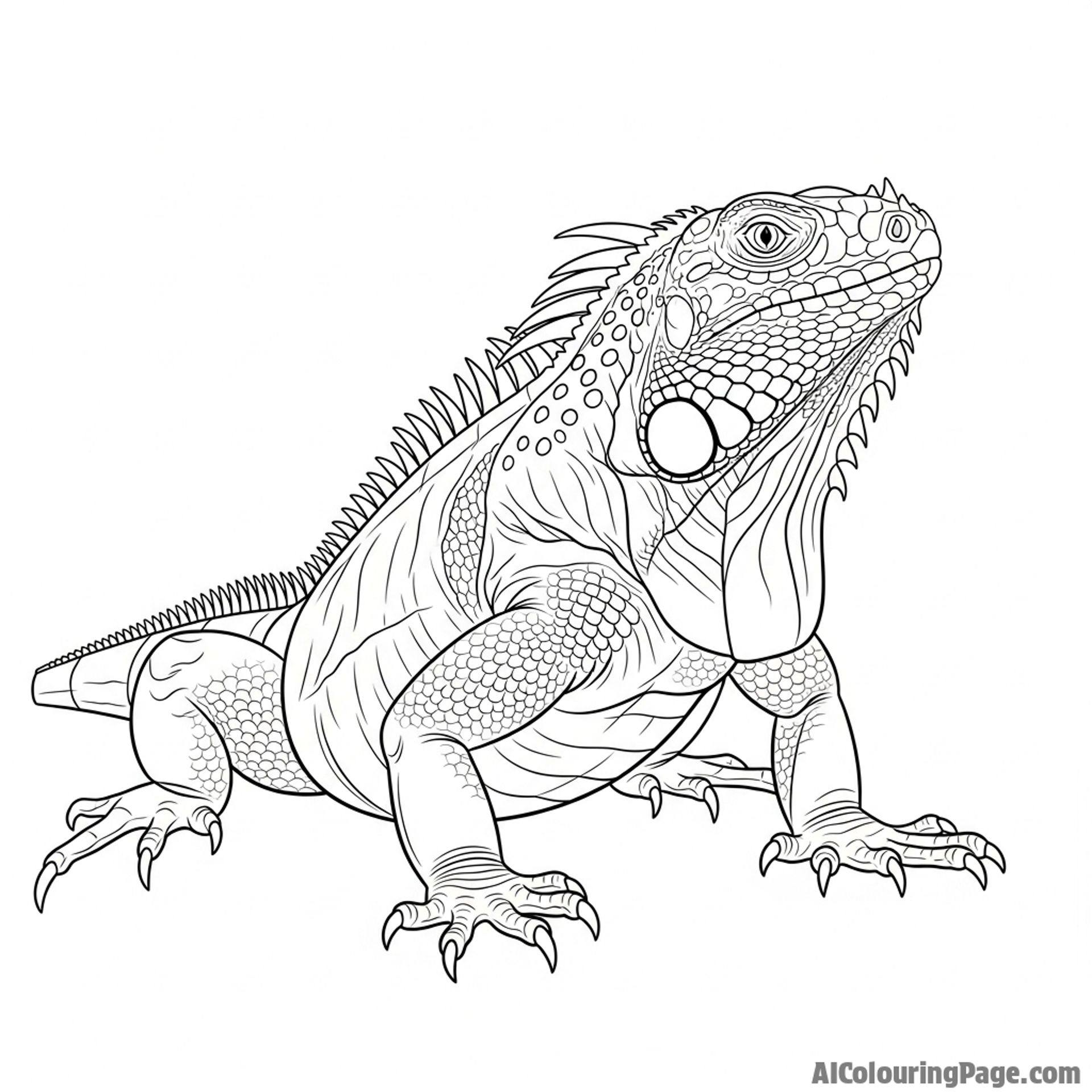 A high-key photograph of an iguana, stark and isolated against a plain background.