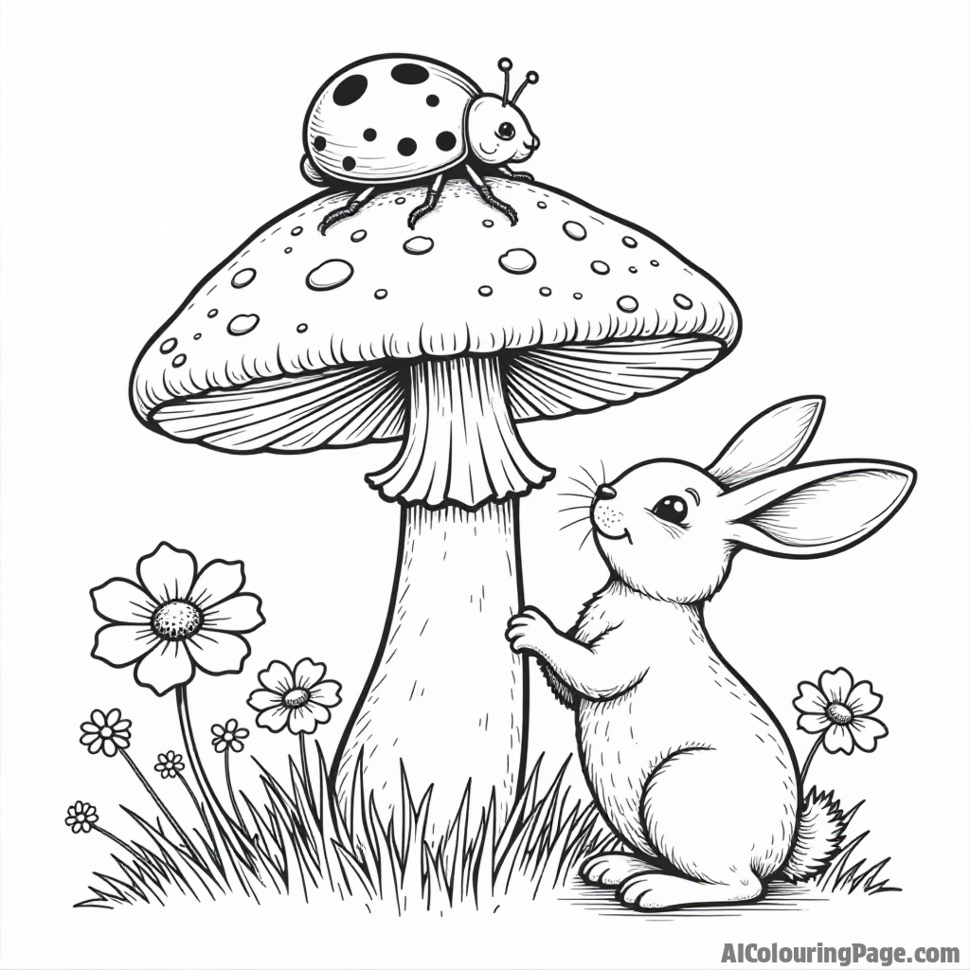 A ladybug resting on a giant mushroom, with a curious rabbit looking up and flowers blooming around.