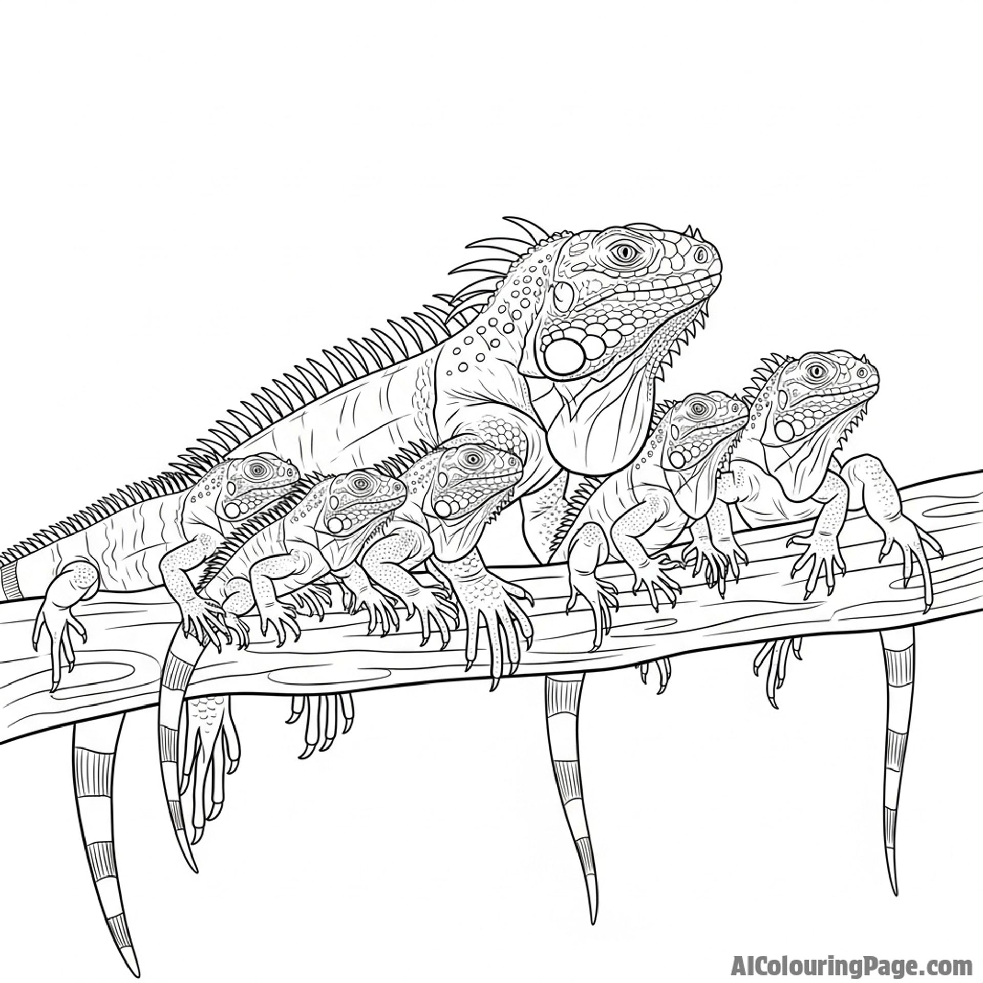A family of iguanas of various sizes basking together on a single, wide branch.