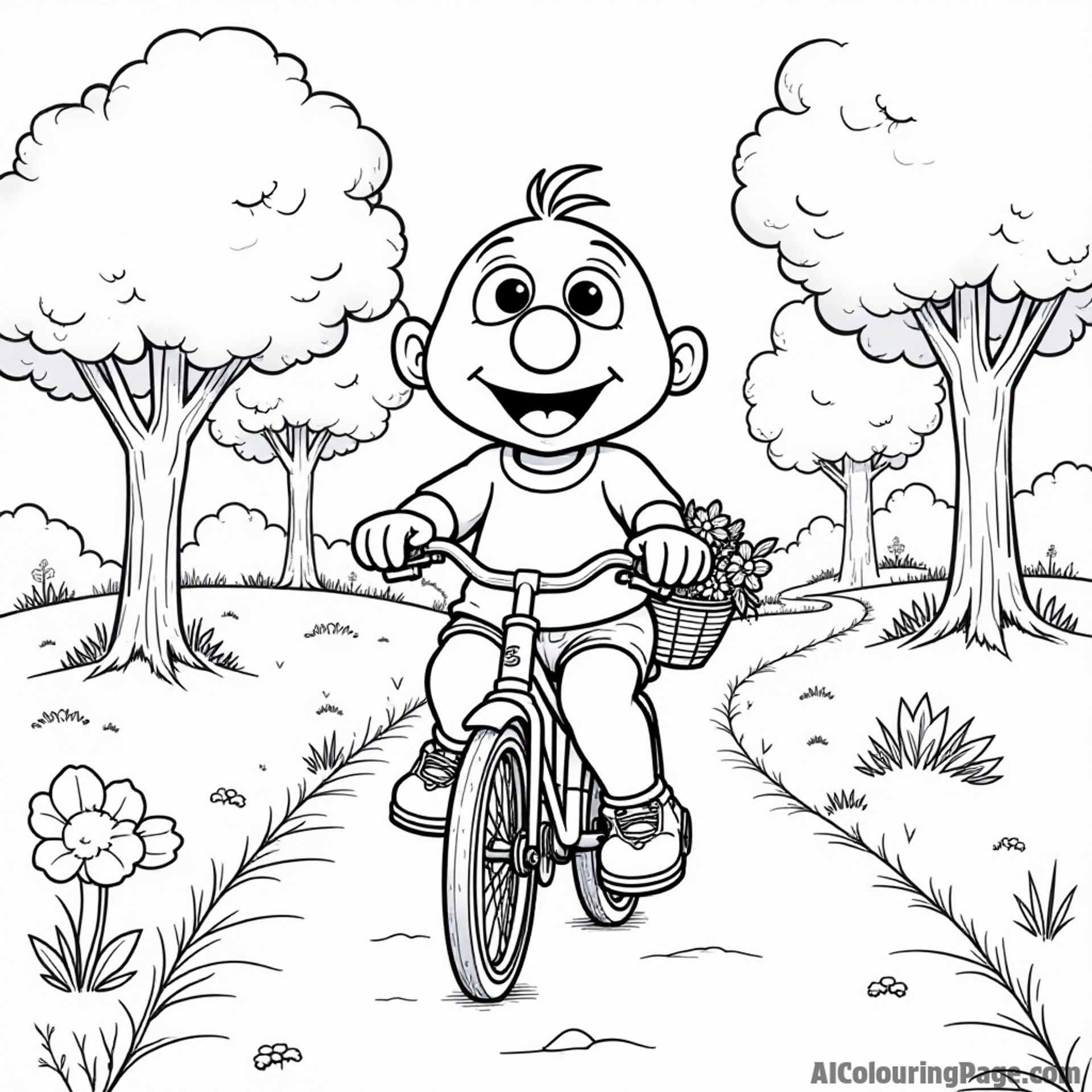 A Muppet baby riding a bicycle down a winding path, with trees lining the way and a basket full of flowers.