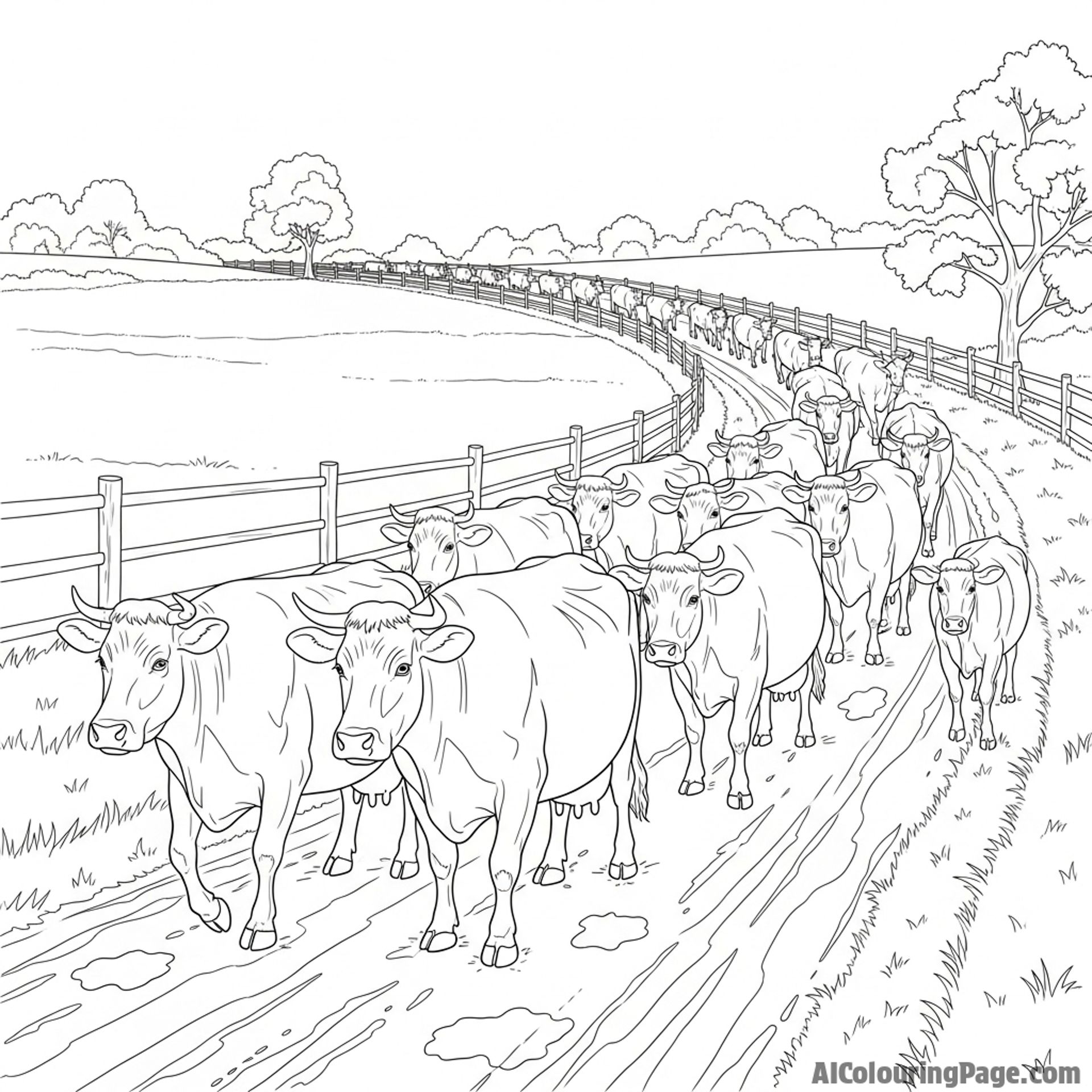 A long line of cows walking in single file along a narrow, muddy country lane.
