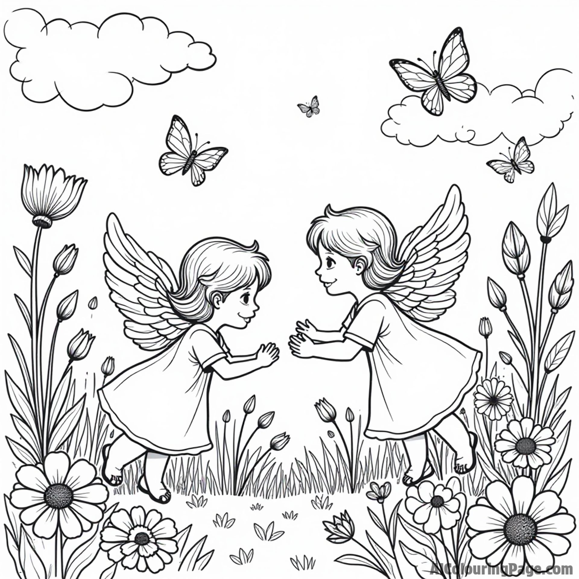 A whimsical scene of angels playing hide-and-seek in a garden filled with colorful flowers and butterflies.
